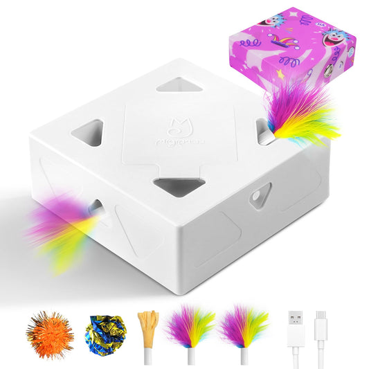 Migipaws Interactive White Cat Toy with Purple Cloth Bag, AI-Powered Mice Chase Game, Smart Sensor, Rechargeable, Durable, and DIY Ball Fun for Cats - 7 Holes, Cartoon Design