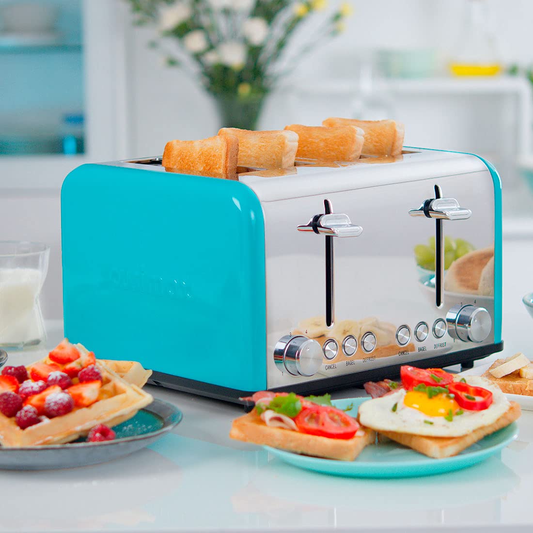 Toaster 4 Slice, CUSIMAX Stainless Steel Toaster, Bread Toasters 4 Extra Wide Slot with Bagel/Defrost/Cancle Function,6 Shade Settings with Removable Crumb Tray, Green