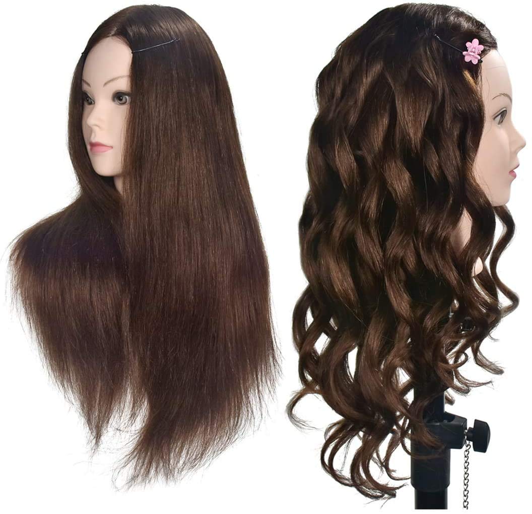 Ba Sha 20"-22" Mannequin Head with Human Hair Cosmetology Training Head Practice Head Styling Dye Cutting Manikin Head with a Free Table Clamp Holder