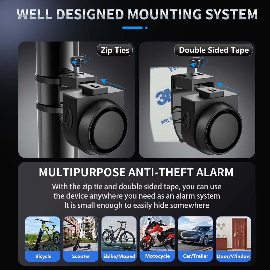 PADONOW Wireless Remote Bike Alarm: 115dB Super Loud Bicycle Vibration Motion Sensor Siren Anti Theft Security System Motorcycle Alarm Waterproof USB-C Rechargeable Multipurpose Vehicle Alert Device