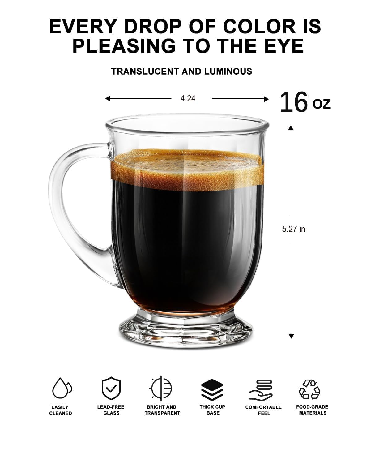 NBABSR 16 OZ Clear Glass Large Coffee Mugs Set of 4,Big Beer Cups with Handle,Bottom Nine-Sided Diner Mug for Men and Women for Hot Beverages,Tea, Cappuccino, Latte, Espresso, Juice Mothers