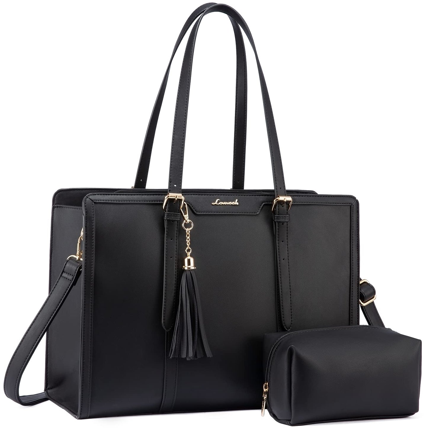 LOVEVOOK Laptop Bag for Women 15.6 inch Waterproof Leather Laptop Tote Bag with Clutch Purse,Large Capacity Laptop Purse for Work,Office,Business,Travel,College,Casual(Black)