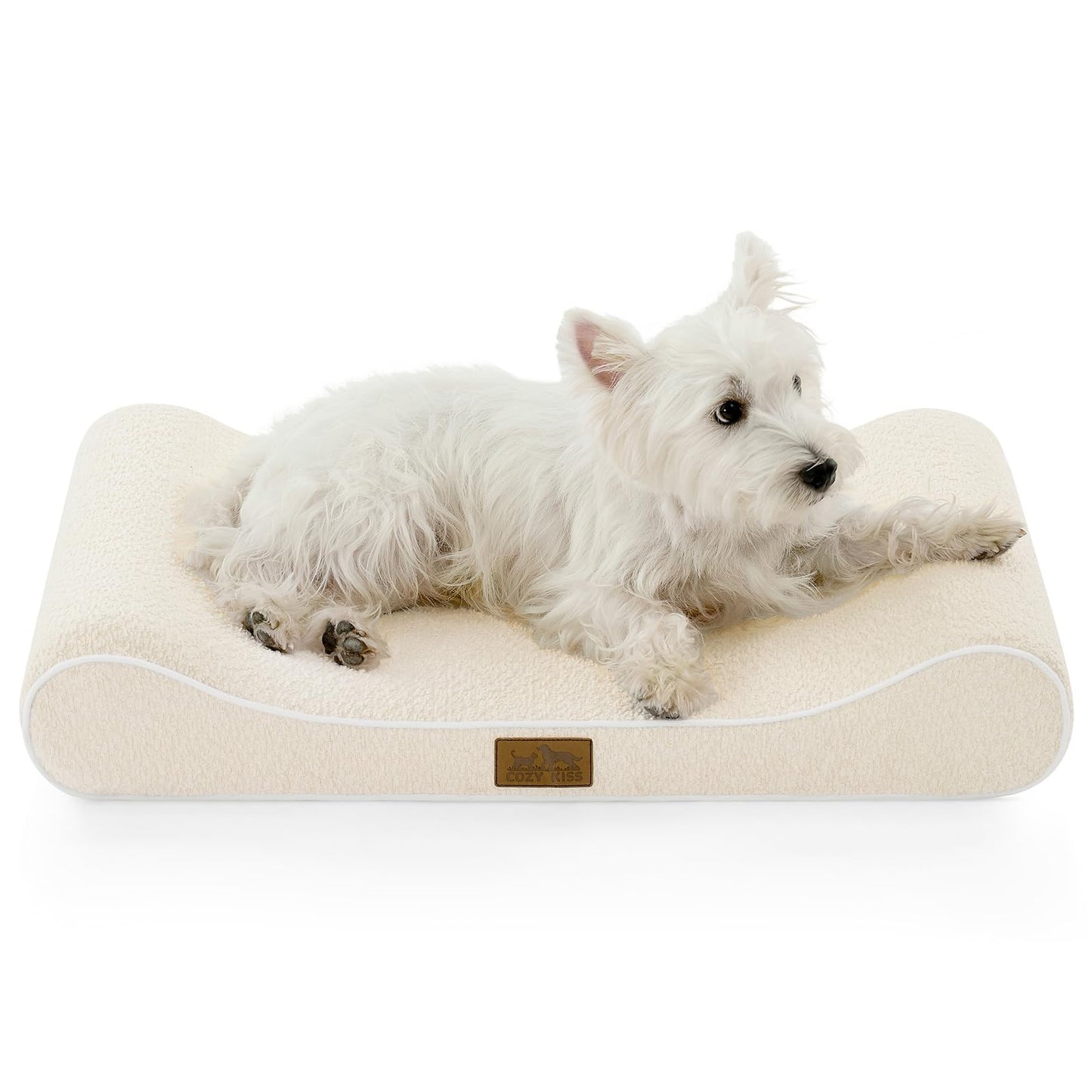 COZY KISS Orthopedic Dog Bed for Small Dogs up to 35 lbs - Removable Washable Cover with Waterproof Lining & Non-Skid Bottom, Cotton-Polyester Blend Boat-Shaped Lounger Mattress, S(30x20x5in), Beige