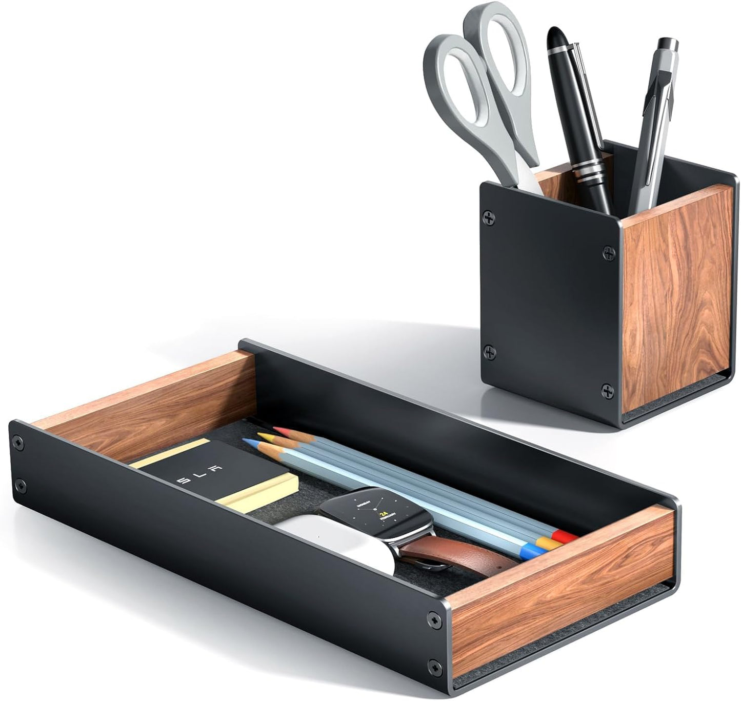 SHUOSUO Walnut Wood Desk Tray with Pen Holder Set, Natural Wooden & Aluminium Desk Office Draw Organizer Tray for Keys, Pen, Watch