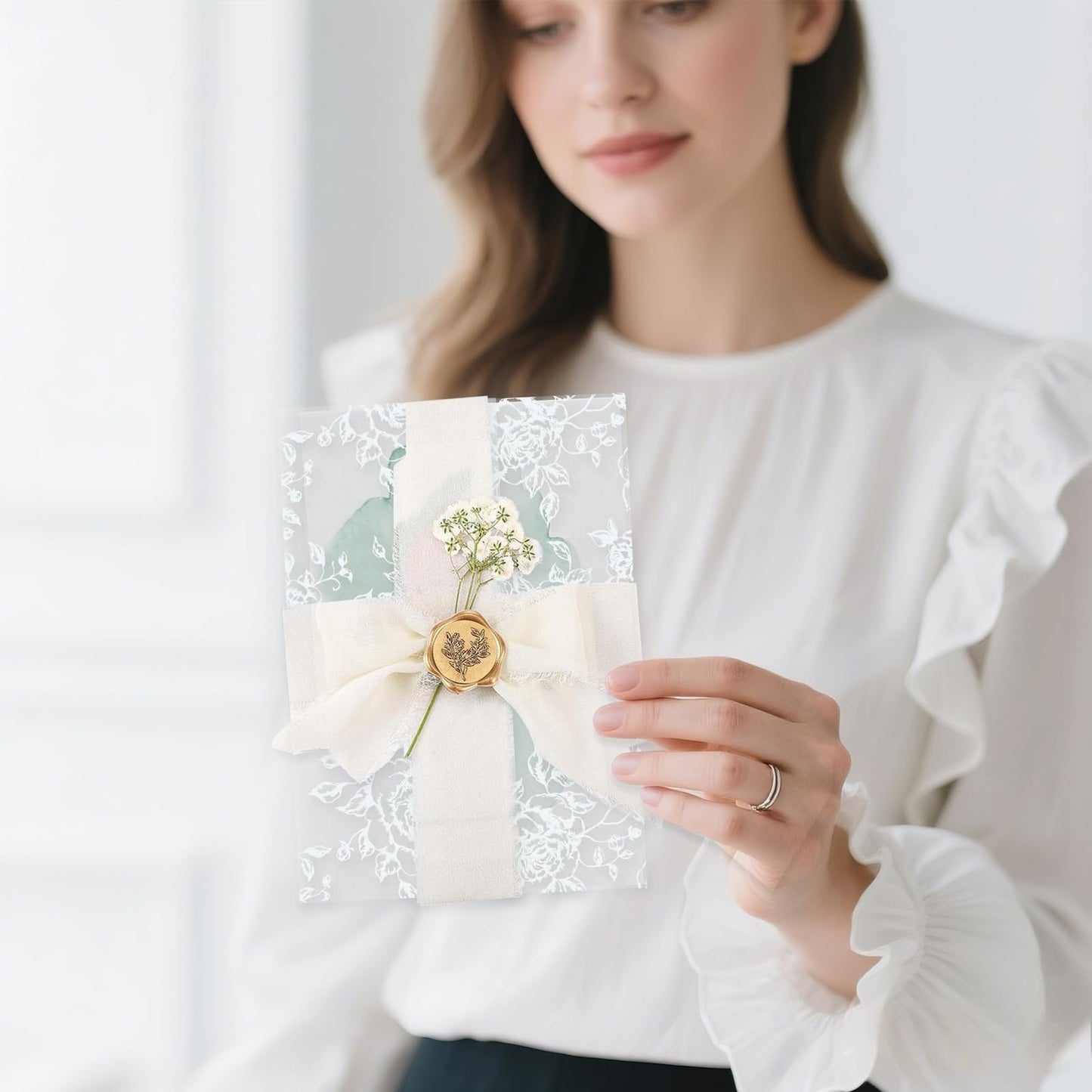 Wedding Invitation Accessories Kit, Pre-Folded Vellum Jackets for 5×7 Invitations with Wax Seal Stickers, Ribbon & Dried Flowers, Wedding Invitation Accessories for DIY Bridal Invites (50, White, Rose)
