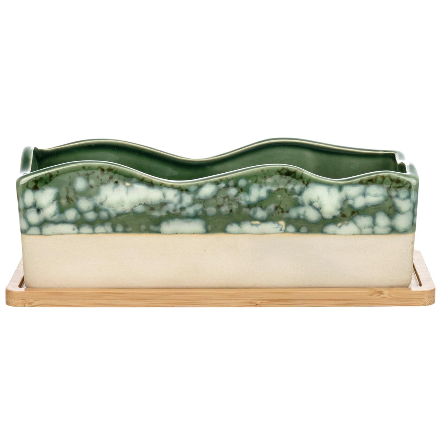 MyGift Rectangular Succulent Planter - Decorative Beige and Green Ceramic Glazed Plant Container Pot with Removable Bamboo Tray