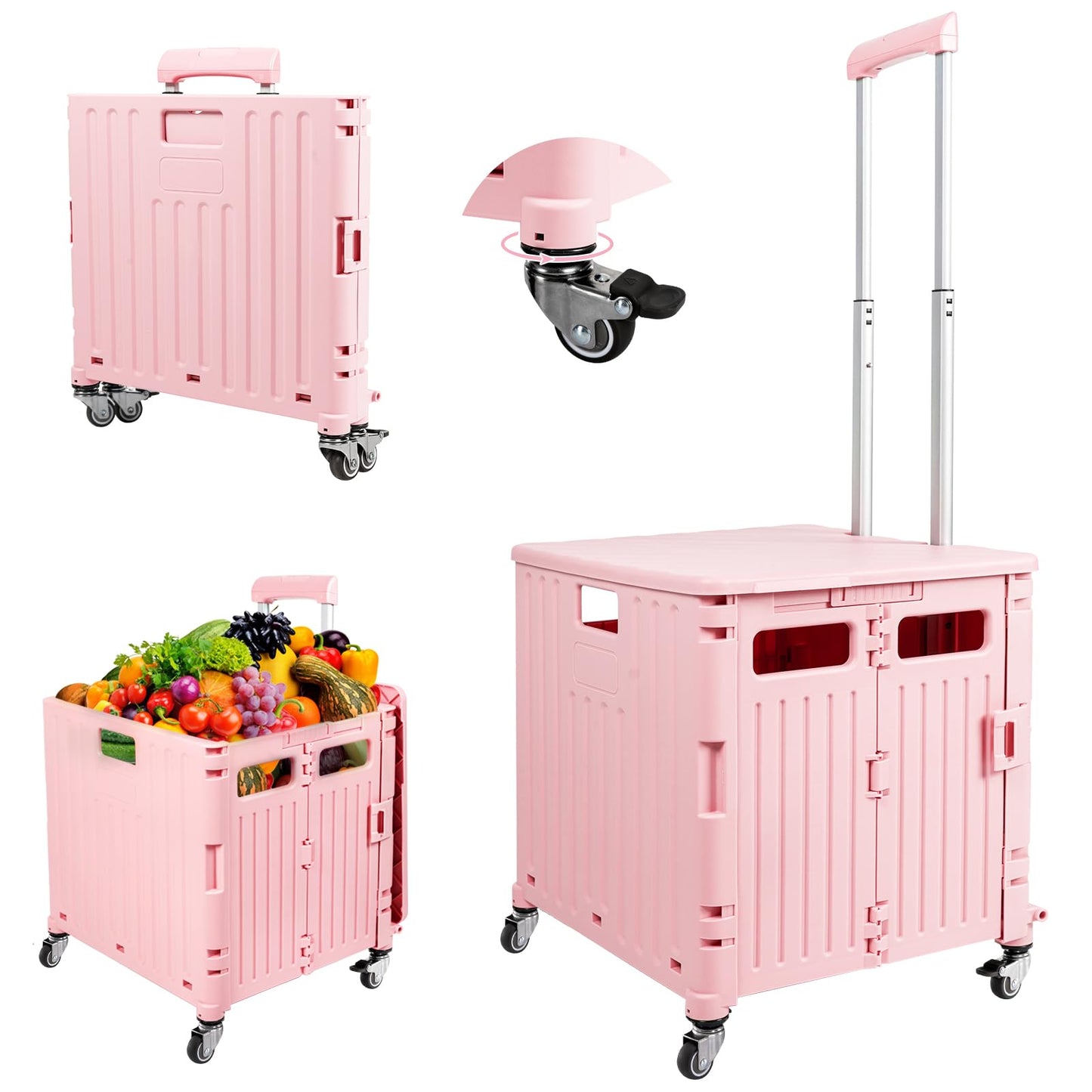 Katsuyoku Foldable Utility Cart with Wheels, Grocery Cart with Wheels Collapsible Rolling cart, Collapsible Basket for Shopping Camping Travel Moving, Grocery Storage, Office (Pink)