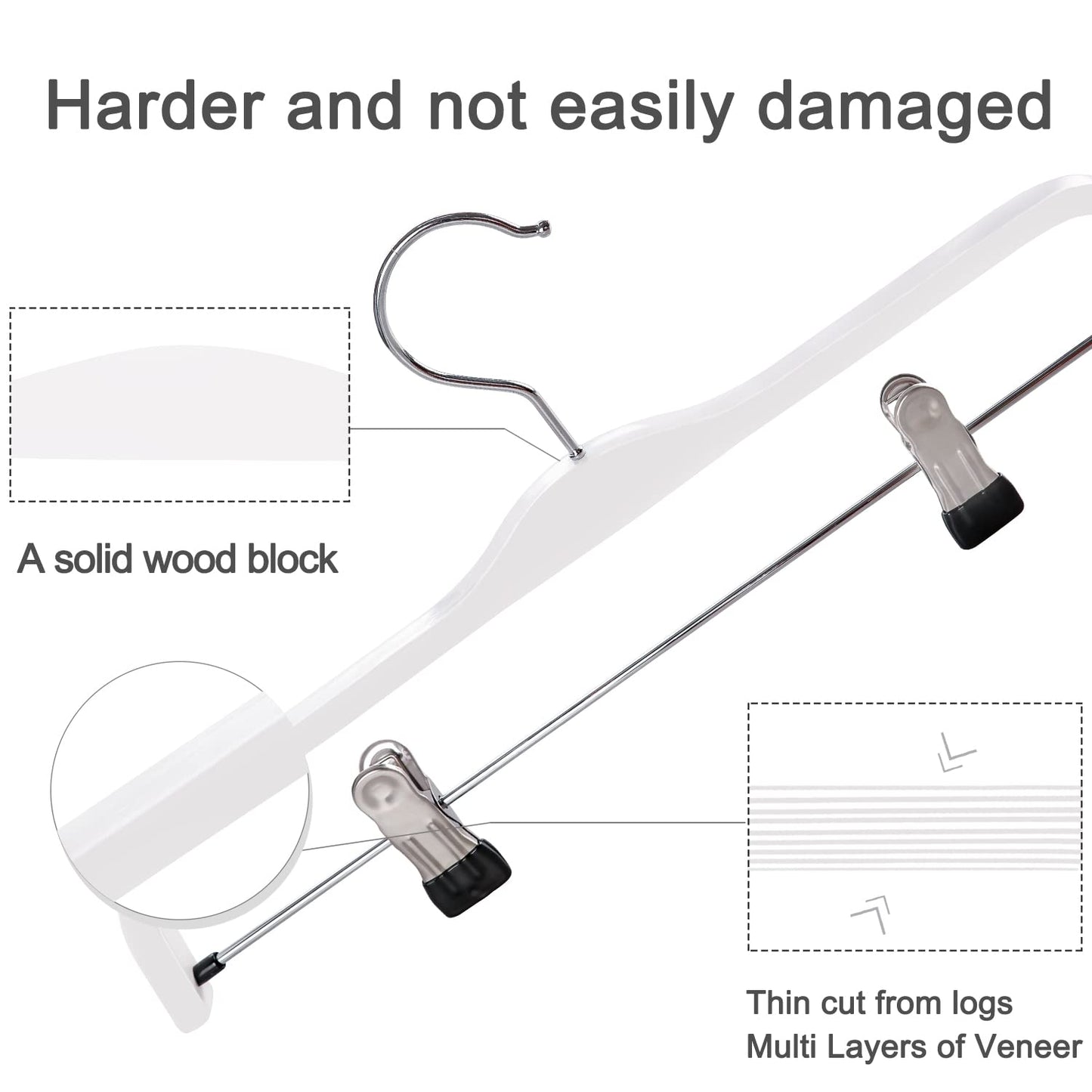 TOPIA HANGER Wooden Pants Hangers,Slim Natural Wood Skirt Hangers with Anti-Rust Hook and Adjustable Metal Clips, Perfect for Skirts,Pants,Slacks-10 Pack-CT17W