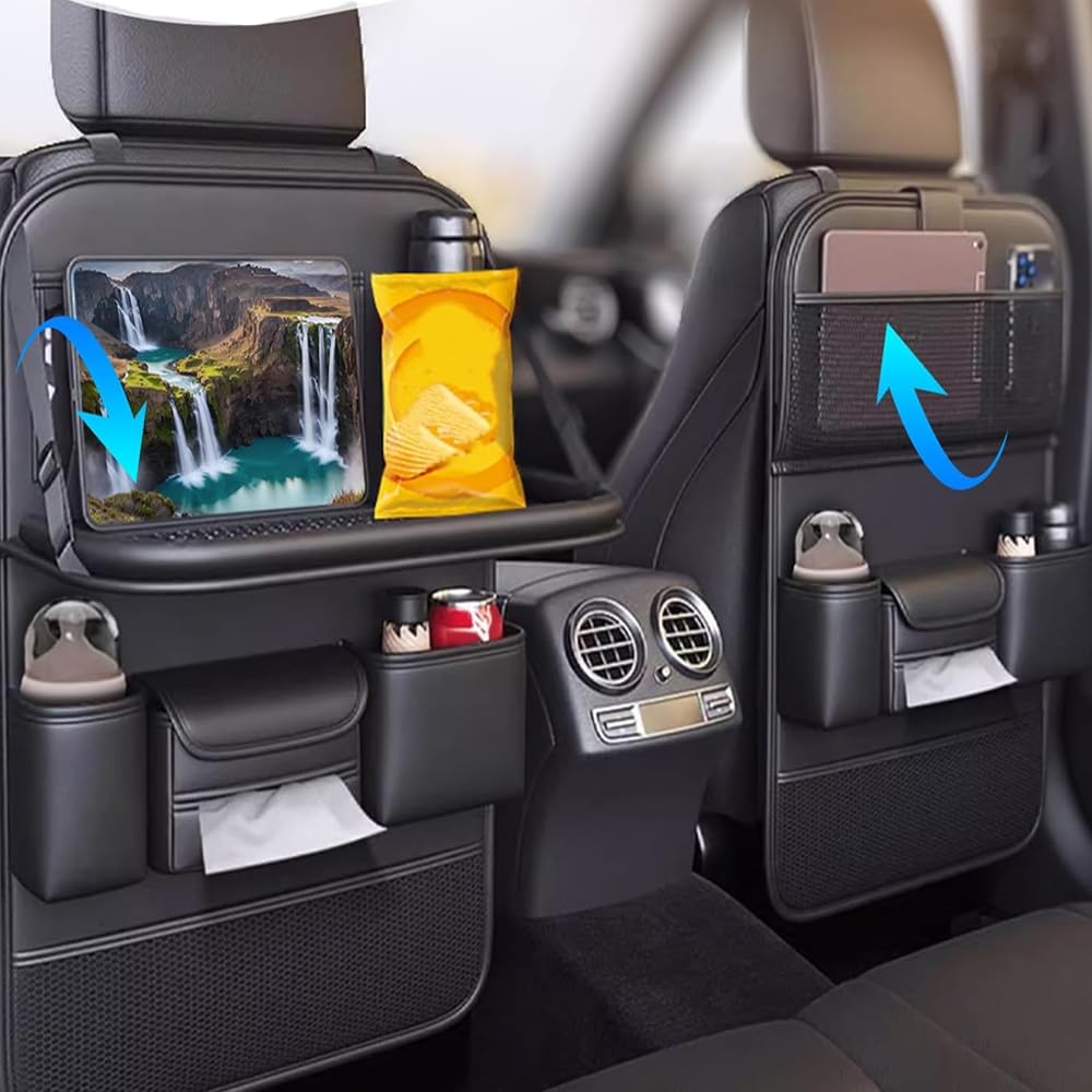 2 Pack Car Back Seat Organizer Leather Car Storage Organizer with Foldable Food Table Tray and Pockets Kick Mats Backseat Protector Travel Accessories (2, Black)