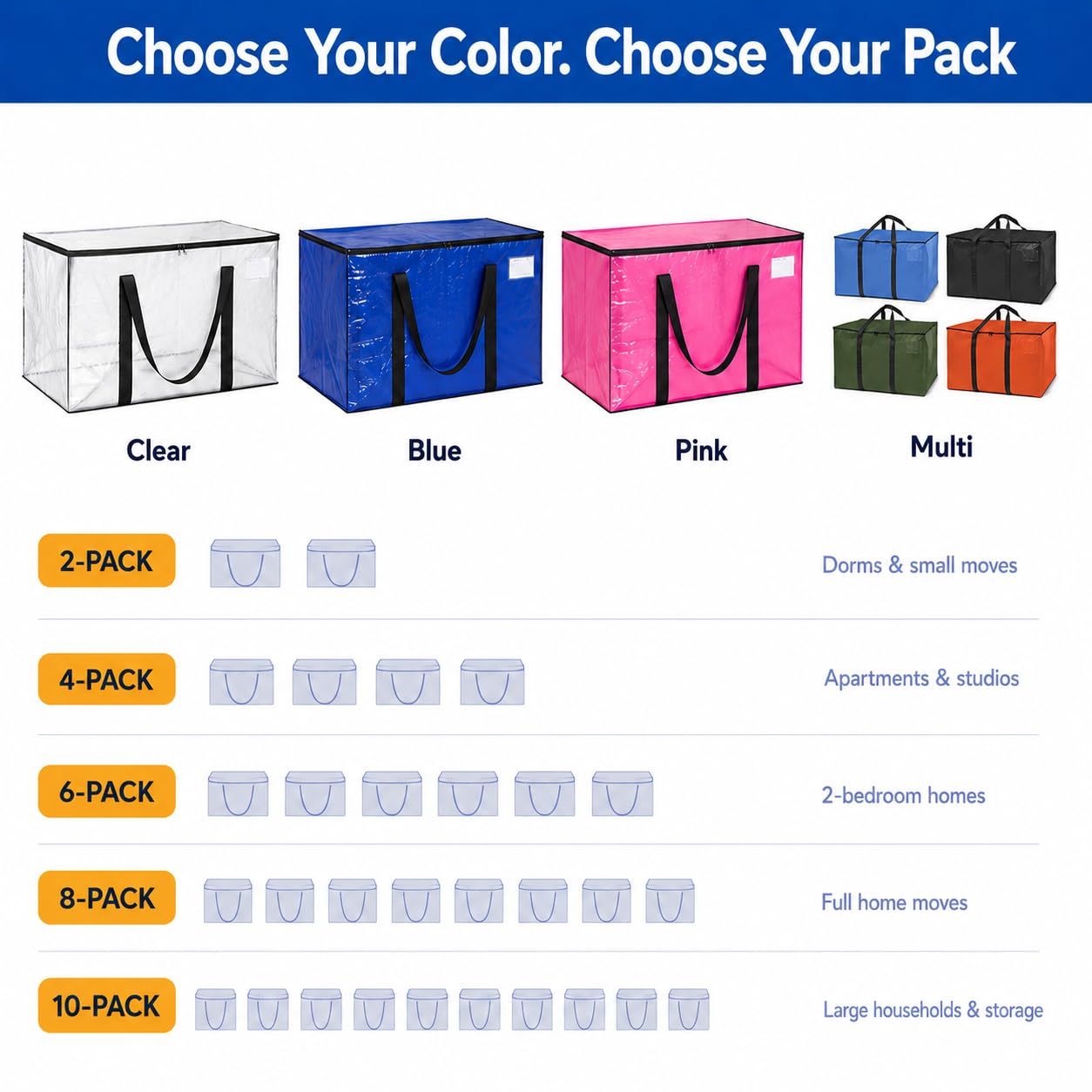 ClearSpace Heavy Duty Moving Bags or Storage Bag, 6 Pack – Large Moving Boxes with Backpack Straps, Zippers & Handles – Perfect for College Dorm, Traveling, Camping, Christmas Decorations