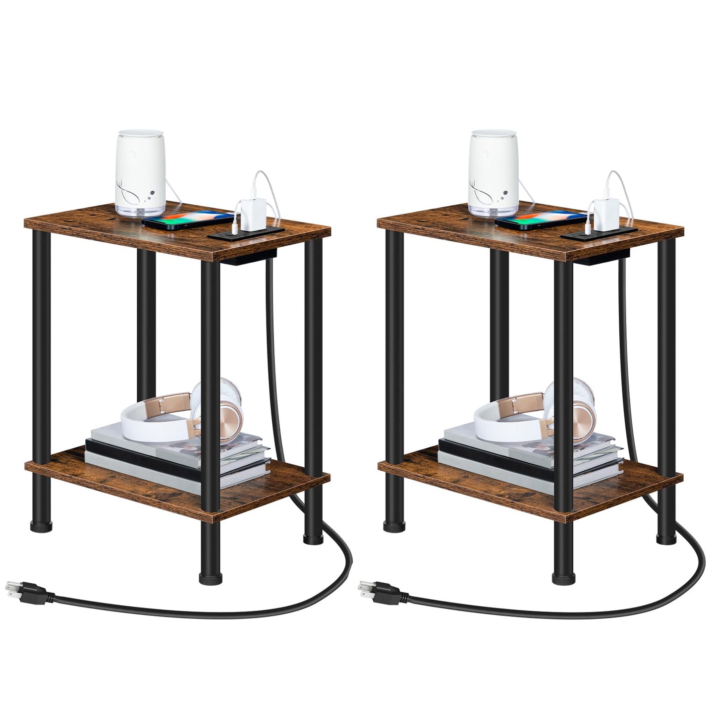 HOOBRO Set of 2 Side Table with Charging Station, End Table with USB Ports and Outlet, Nightstand with 2-Layer Storage Shelves for Small Spaces, Living Room, Bedroom, Stable, Rustic Brown BF09UBZP201