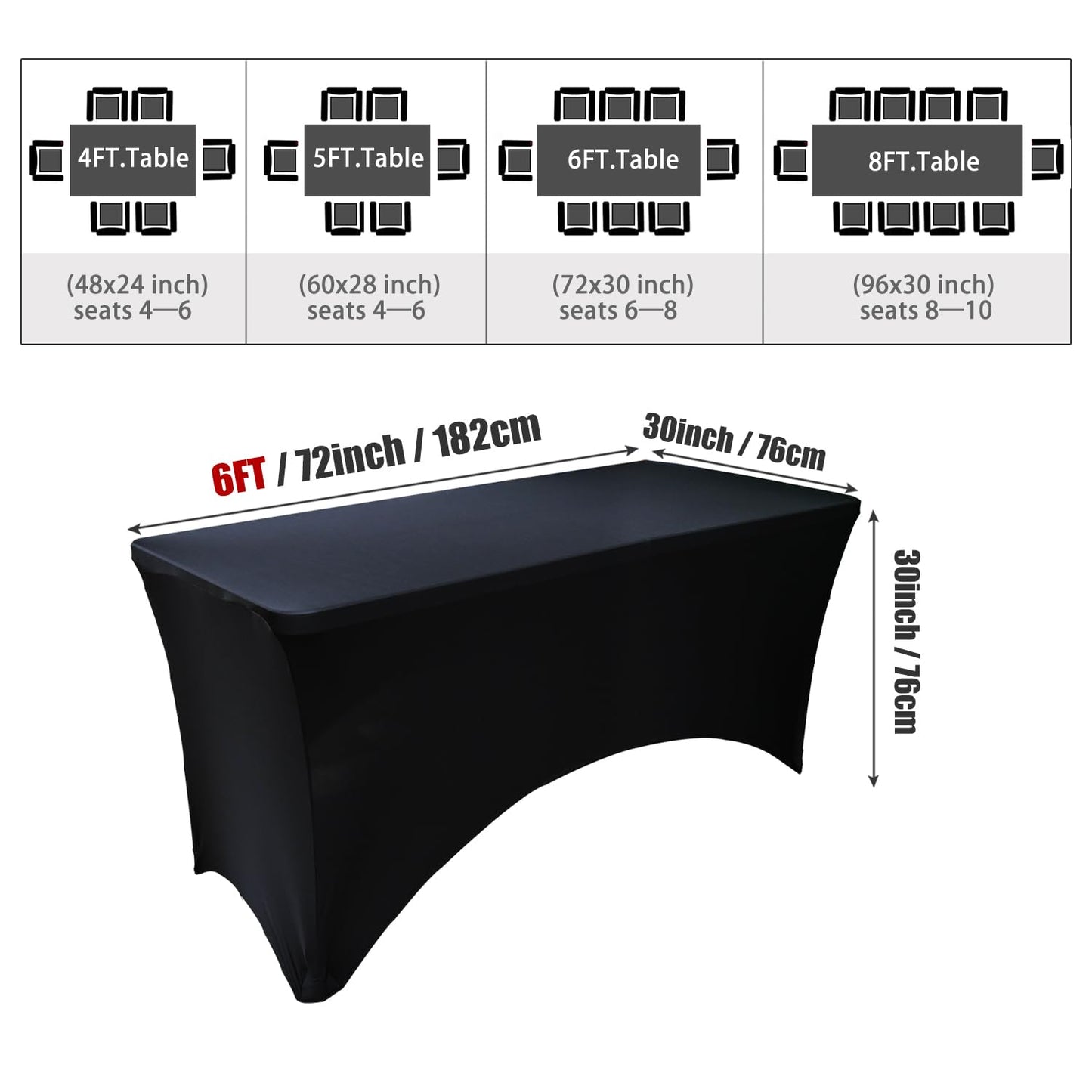 6 Pack - Elegant Black Stretch Spandex Table Cover (72Lx30Wx30H Inches), Non-Iron Fitted Tablecloth for 6-Foot Rectangular Folding Tables -Ideal for Banquets, Weddings & Festivals