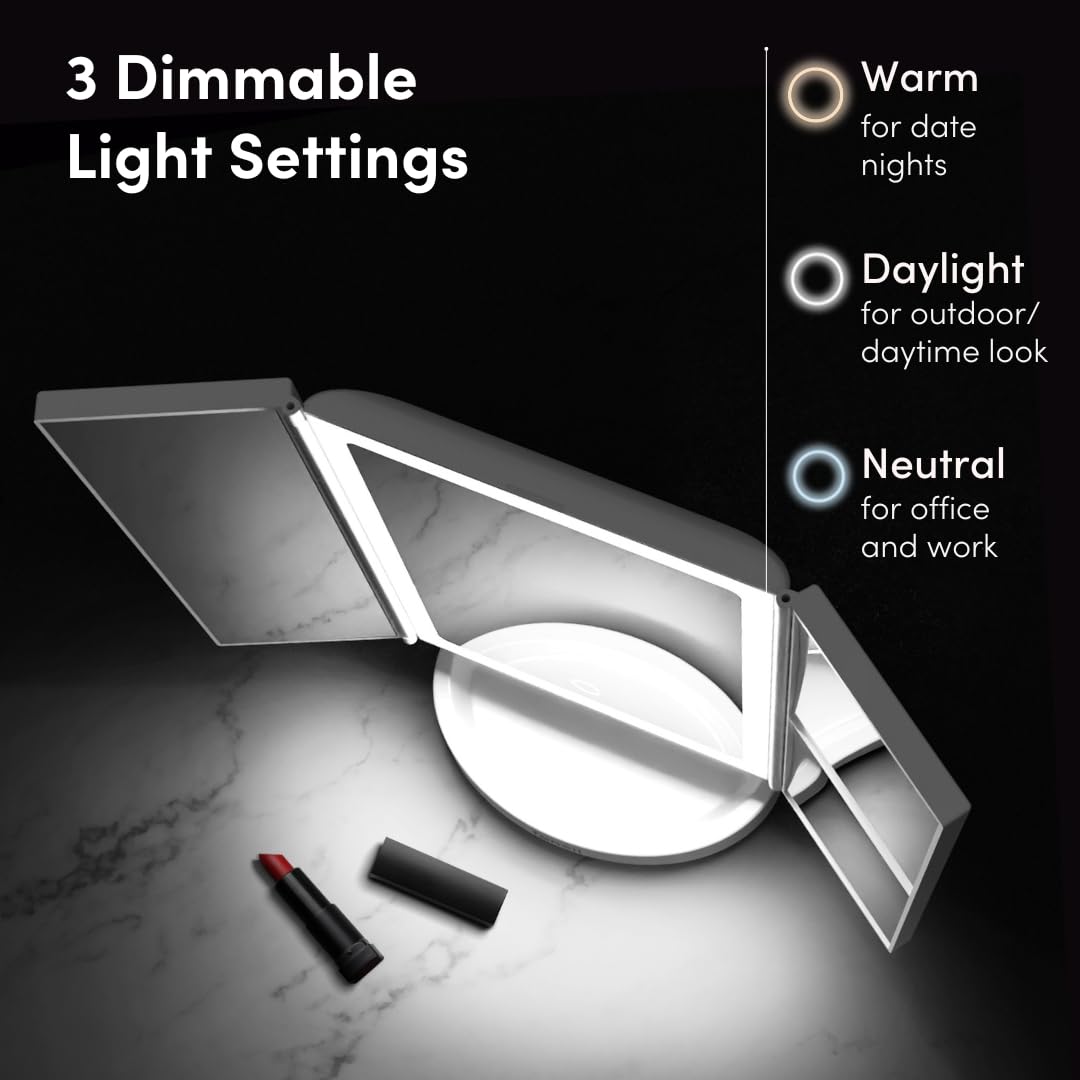 Fancii Vanity Makeup Mirror with LED Lights, 10x 5X 1X Magnification, Rechargeable - 68 Dimmable Natural Lights, Touch Sensor, Lighted Trifold Mirror with Stand (Proudly Canadian)