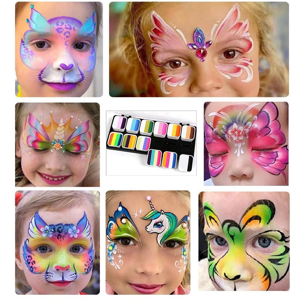 Face Painting Kits for Kids Adults Party Professional Split Cake Palette Water Actived Body Paint for Skin with Brushes Sponges Stencils Non-Toxic & Washable for Birthday Children's Day