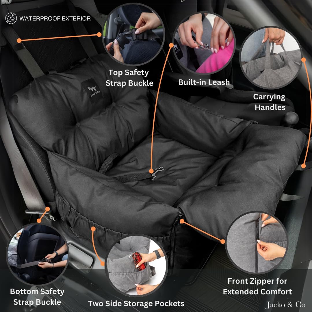 JACKO & CO - Premium Dog Car Seat Bed for Small & Medium Dogs, Soft Travel Bed & Carrier Bag for Pets, Puppies, Cats Front or Back Seat, Machine Washable & Water Resistant (Black, V1 Small (1-25lbs)