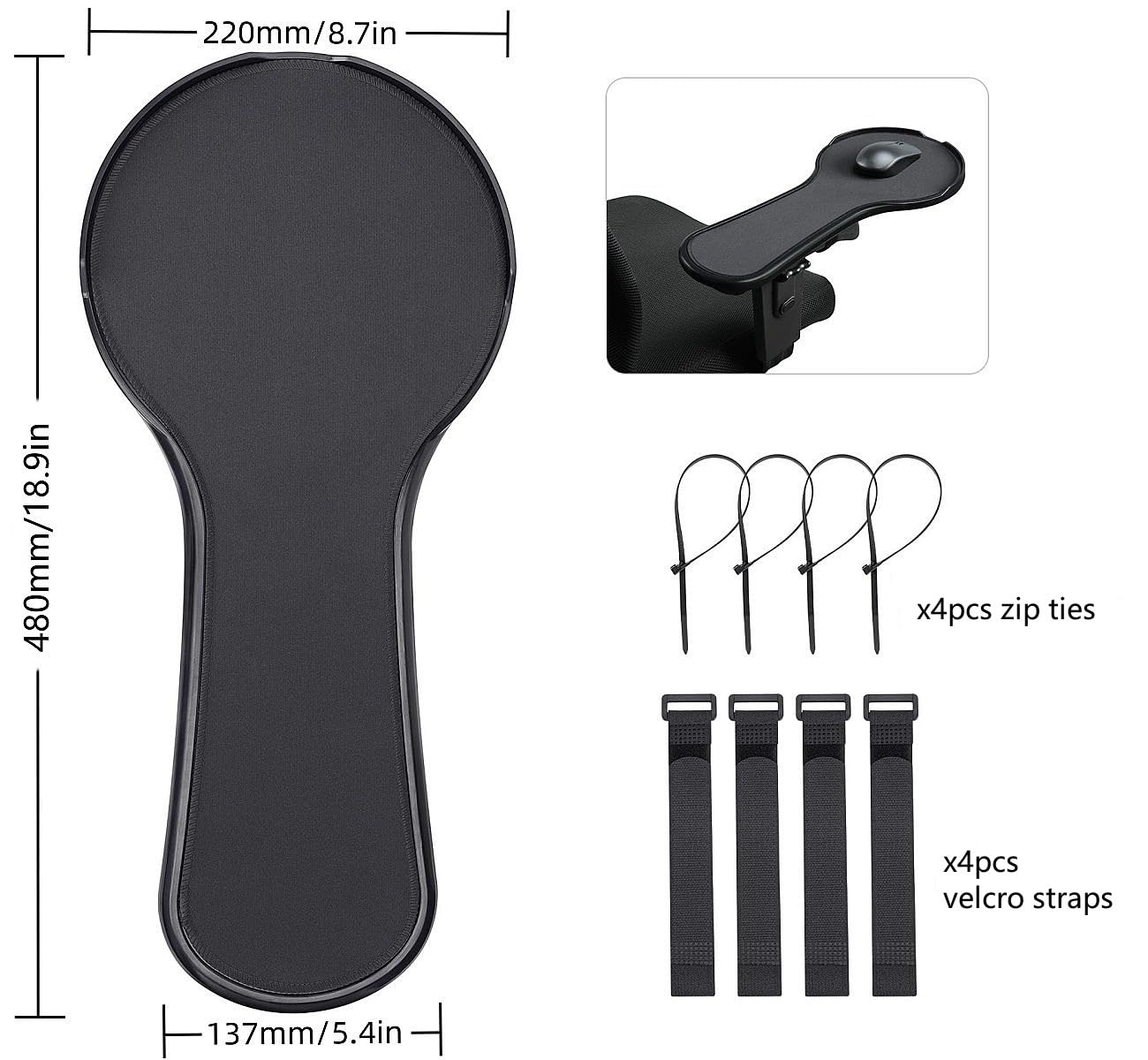 YuPinDiZu Ergonomic Adjustable Arm Rest Mouse pad for Chair, Mouse Extension Platform Tray with Mouse Baffle to Prevent Falling, Attaches to Chair, Black (Black（YYLL8326）)