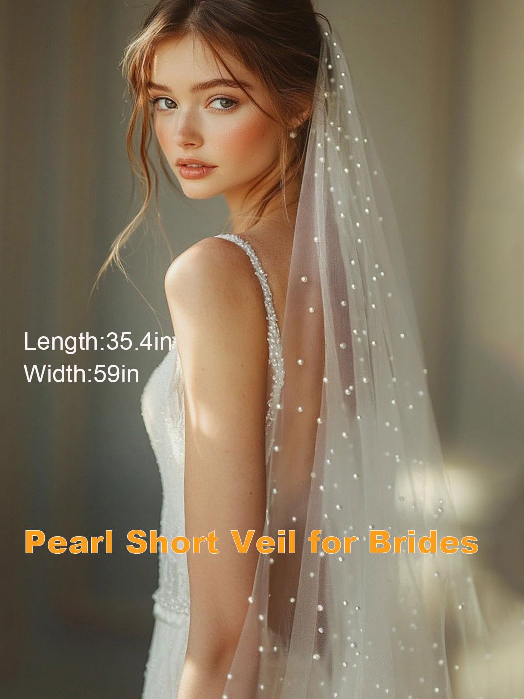 HEREAD Pearl Bride Wedding Veil White Fingertip Cathedral Bridal Tulle Veils Hair Accessories with Comb and Cut Edge, White, 106.2" Length
