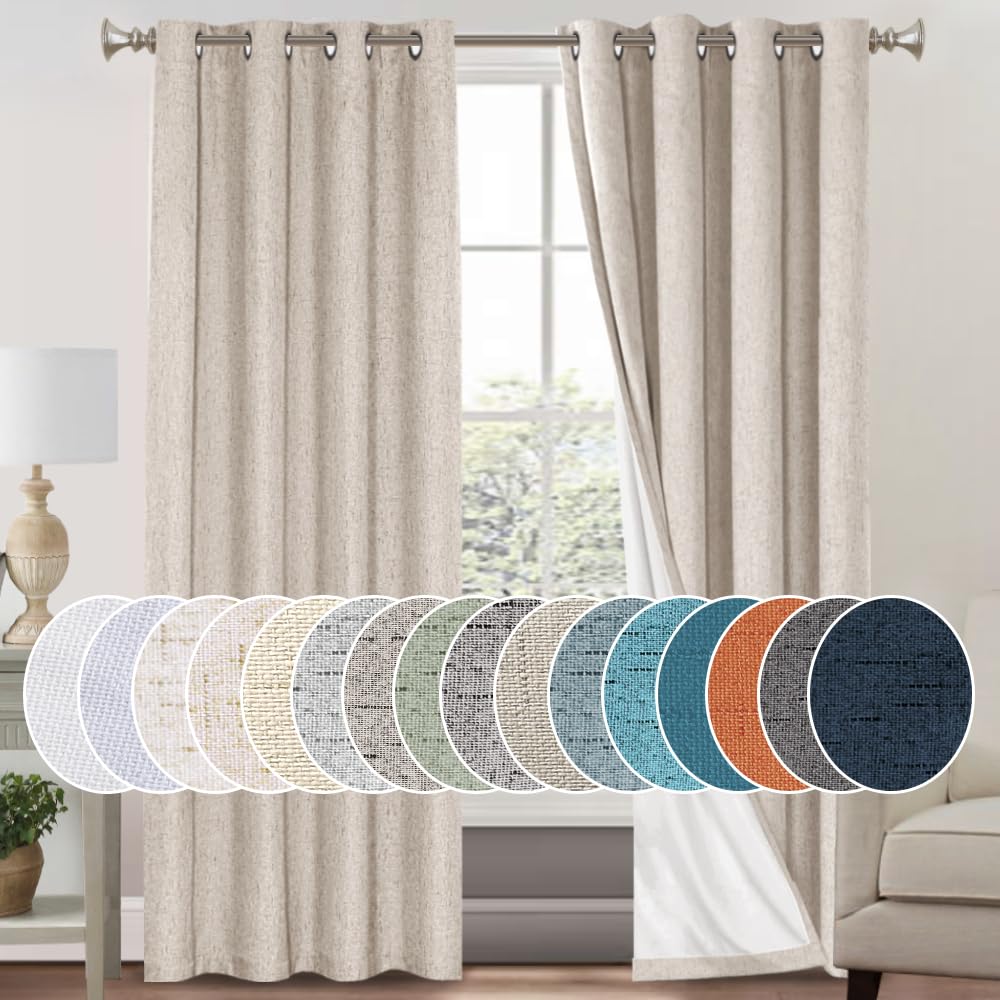 PrinceDeco 100% Blackout Linen Textured Curtains for Bedroom Natural Grommet Room Darkening Curtains & Drapes for Living Room Thermal Insulated with White Liner,2 Panel Sets, 52x96 Inch