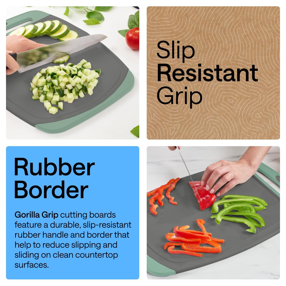 The Original GORILLA GRIP Oversized 100% BPA Free Reversible Durable Kitchen Cutting Board Set of 3, Juice Grooves, Dishwasher Safe, Easy Grip Handle Border, Food Chopping Boards, Cooking, Mint Gray