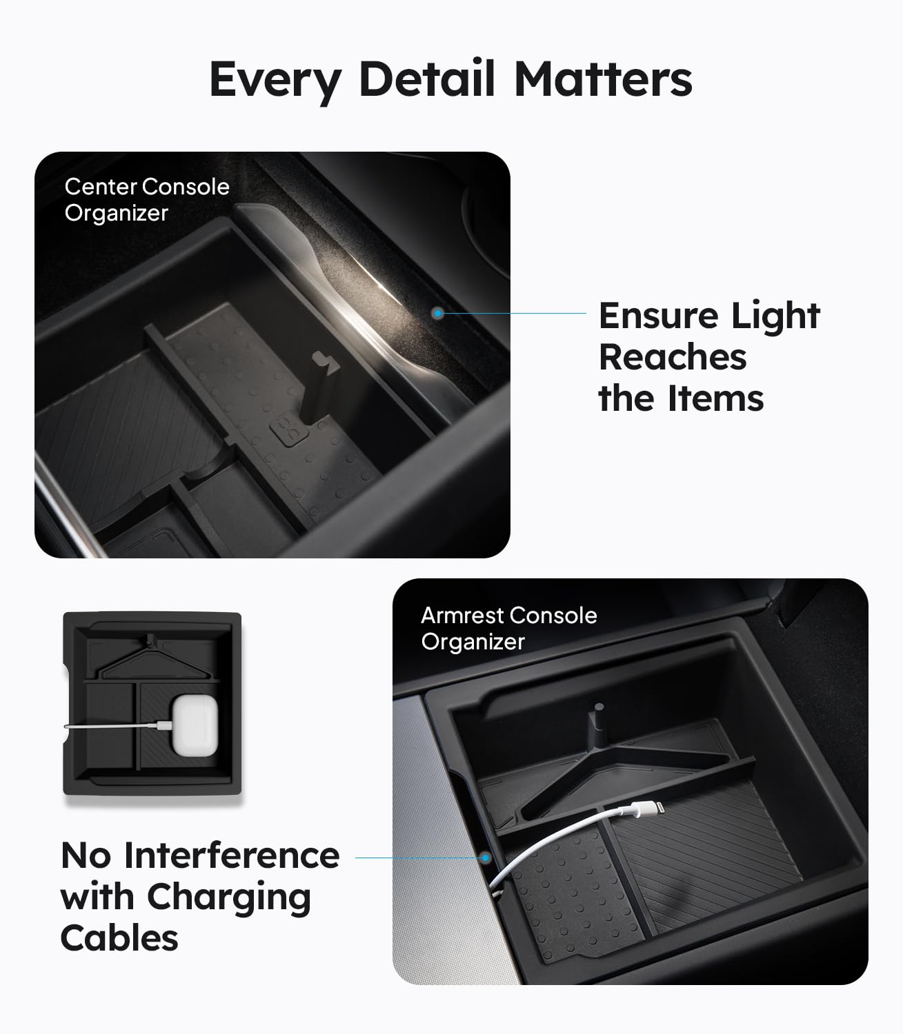 Wigoo for Tesla New Model Y Juniper & Model 3 Highland Center Console Organizer [Double Layer Space, Slide Smoothly] Model 3 (2024-2026)/Model Y Juniper(2025-2026) Accessories, 4PCS Black
