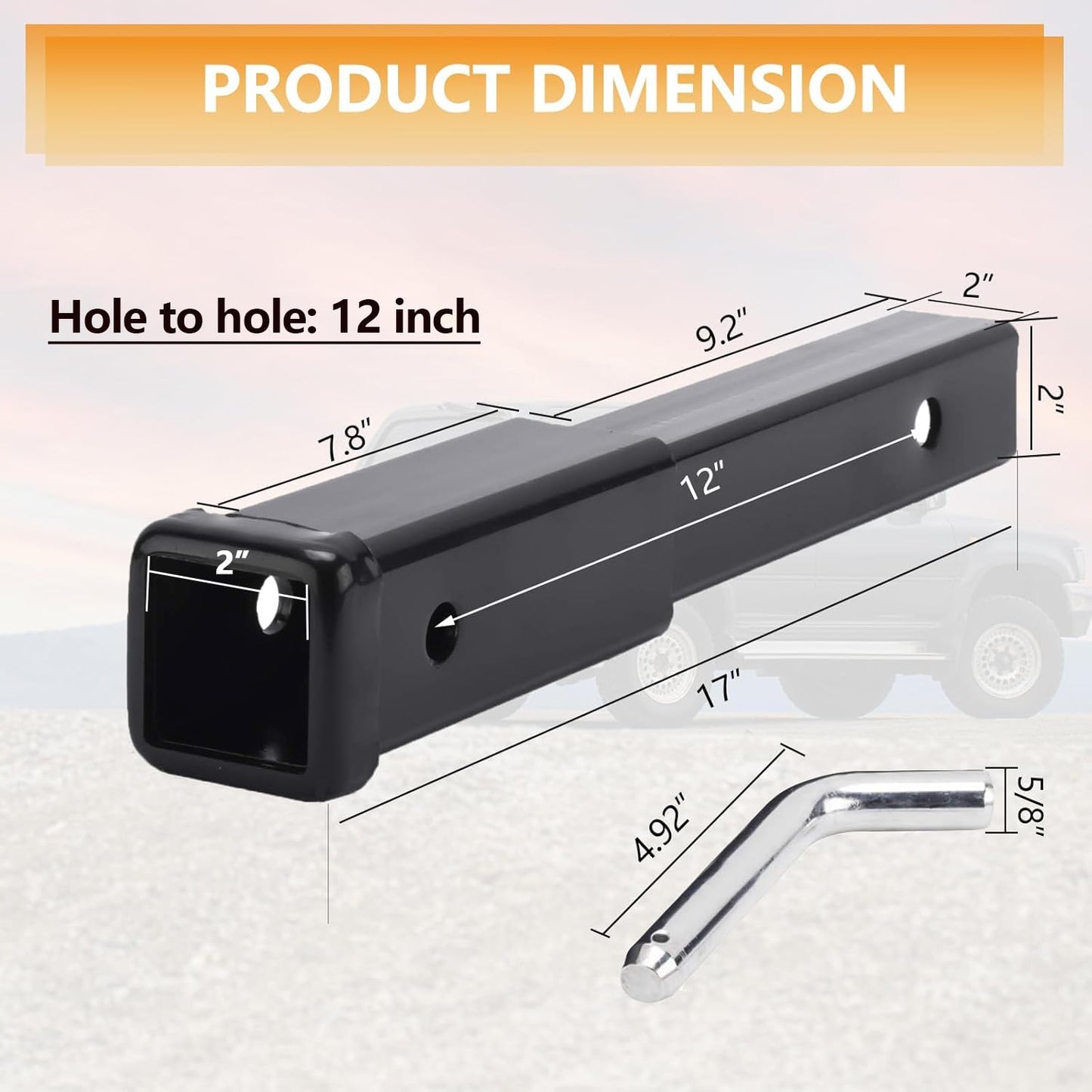 Allucky 12 inch Trailer Hitch Extender Trailer Hitch Extension Receiver Tube Extender, Heavy Duty 6000 lbs Fits for 2" Receiver Tube Tow Bar Steel Shank, Hitch Extender with 5/8'' Pin Hole