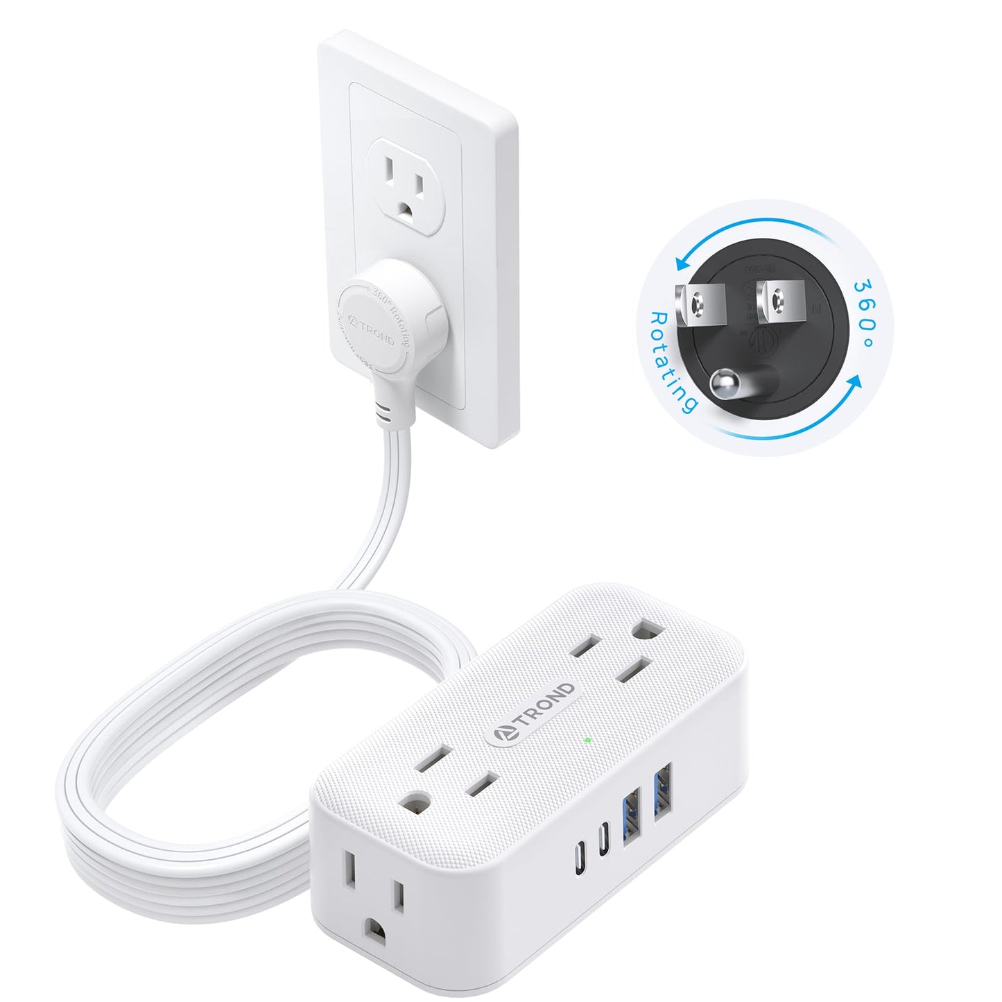 TROND 360° Rotating Flat Plug Power Bar with USB C, 10ft Slim Extension Cord Indoor, 4 Widely Spaced Outlets, 900J Surge Protector, Small Outlet Extender for Home Office Dorm Travel Essentials, White
