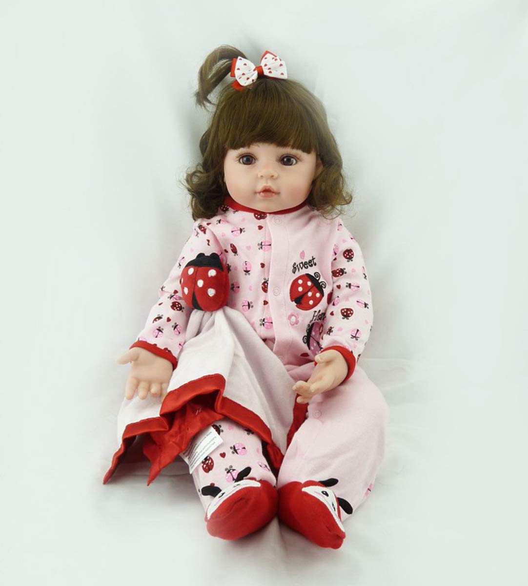 TERABITHIA 18inches 46cm Realistic Adorable Ladybird Princess Baby Girl Doll in Silicone Vinyl Long Curly Hair Stuffed Cloth Body Reborn Newborn Dolls Children's Day Gift