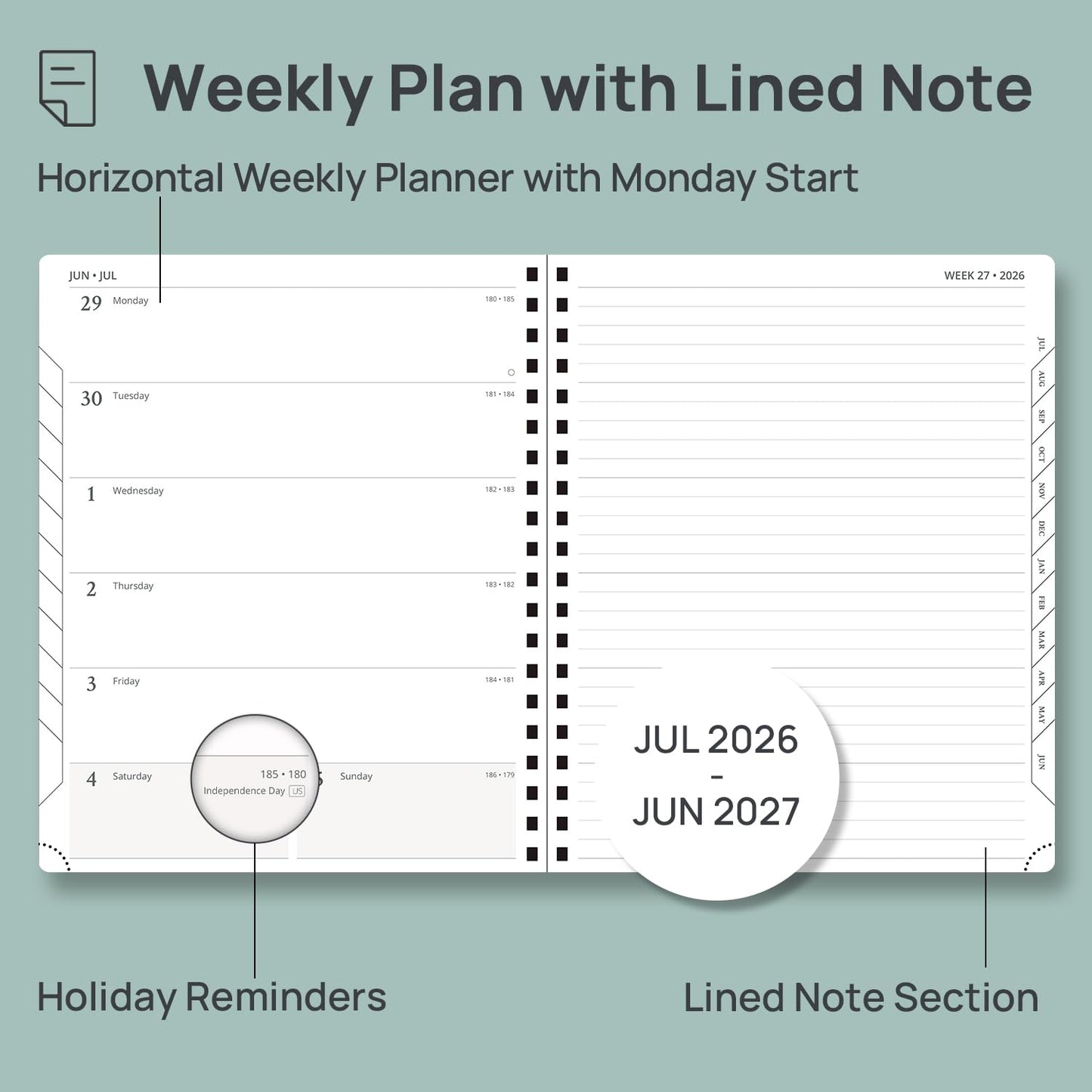 POPRUN Agenda 2026-2027 Weekly Planner Notebook (Large-8.5" x 10.5") Academic Calendar (JUL.26 - JUN.27) Appointment Book with Monthly Tabs, Inner Pocket, Spiral Soft Cover, 100 GSM - Brown