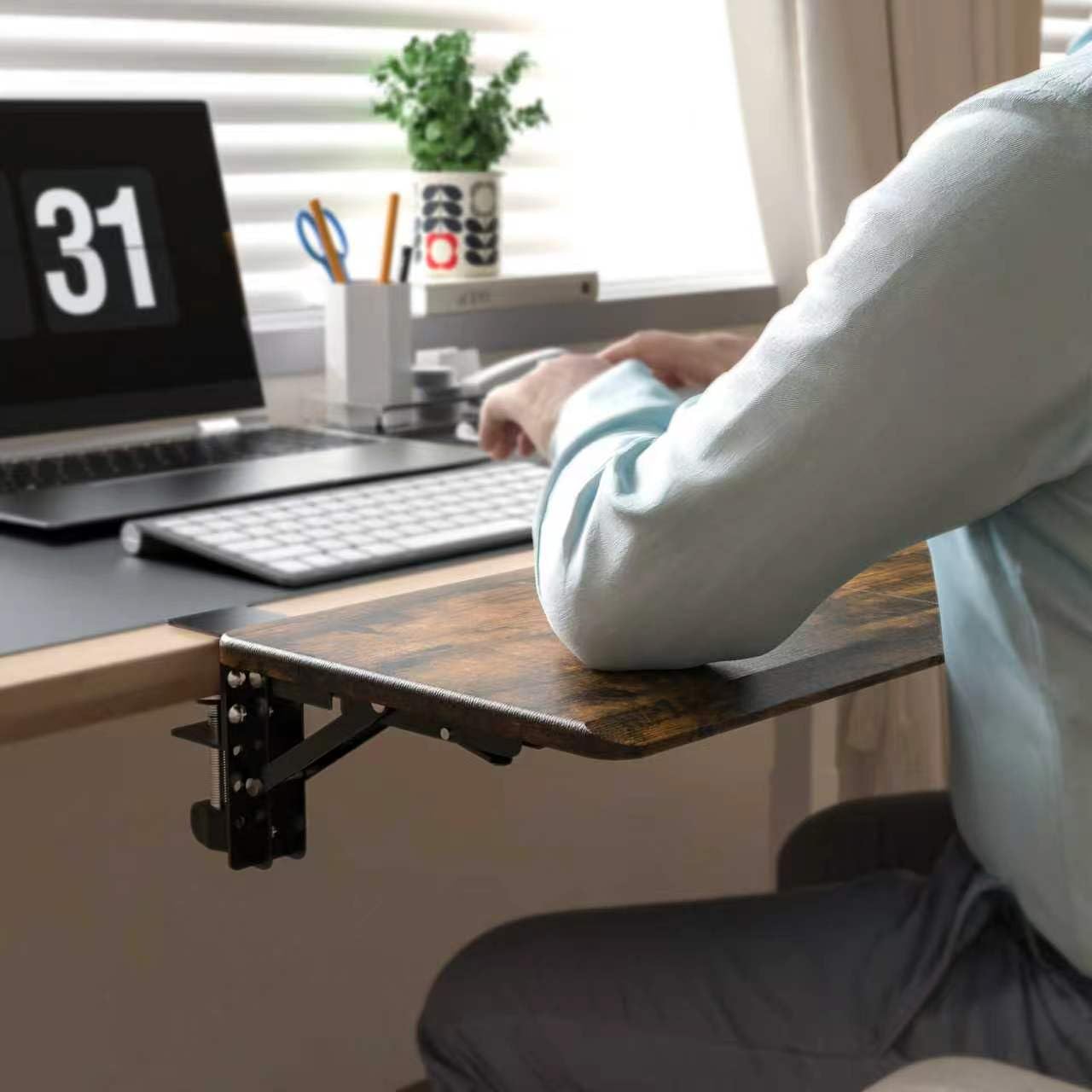 Ergonomics Desk Extender Tray, 25.6"x11.4" Large Size Foldable Keyboard Tray Platform Clamp On, Armrest Support for Home and Office, Walnut