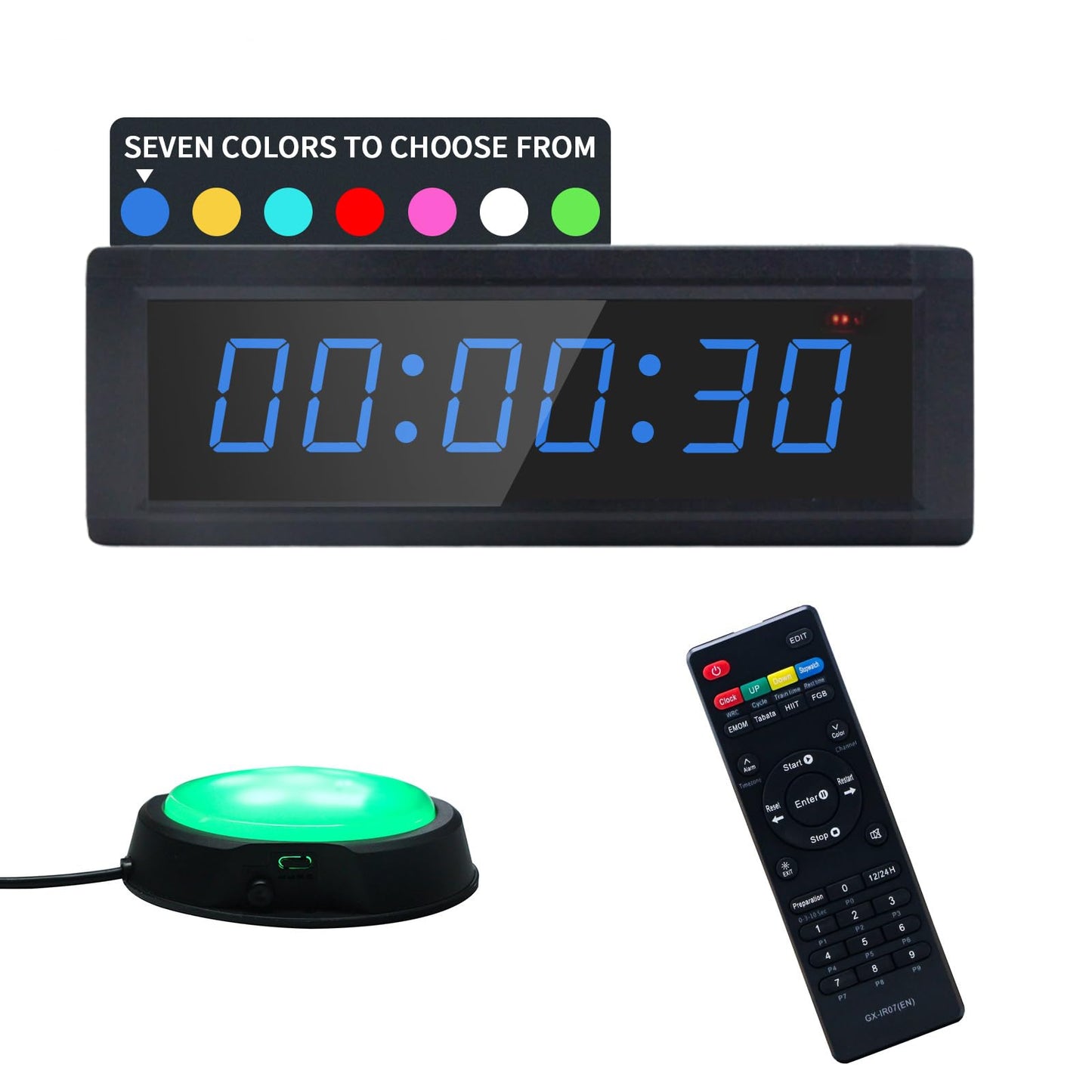 GAN XIN Gym Timer Clock with Remote Control & Push Button,7 RGB Color, Programmable Interval Timer, Countdown/Up Stopwatch,Wall Clock for Home Gym Garage,Portable Training Accessories(Plug-in)