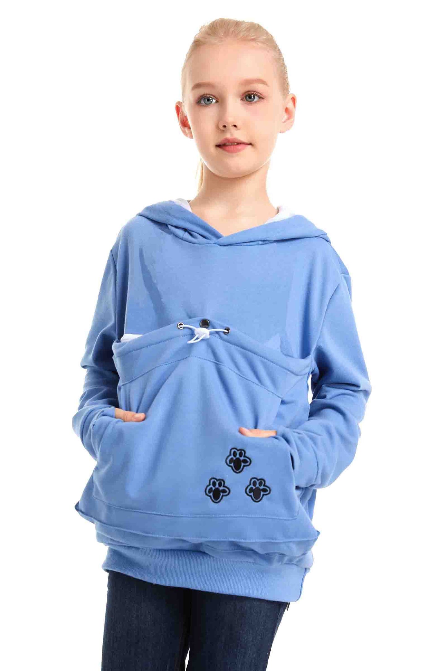 LINYUCHEN Boys Girls Cat Pouch Hoodie - Kitten Puppy Carrier Holder Sweatshirt Long Sleeve Cat Ear Pullover Tops, Blue, 10-11 Years