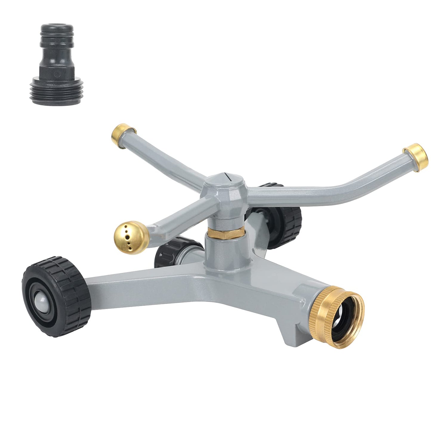 STYDDI Metal Rotating Water Sprinkler for Lawn, Heavy Duty Metal 3-Arms Whirling 360 Degree Automatic Rotary Lawn Sprinkler with Wheeled Base for Small Lawn and Garden, Yard, Cover up to 1,384 Sq. ft.