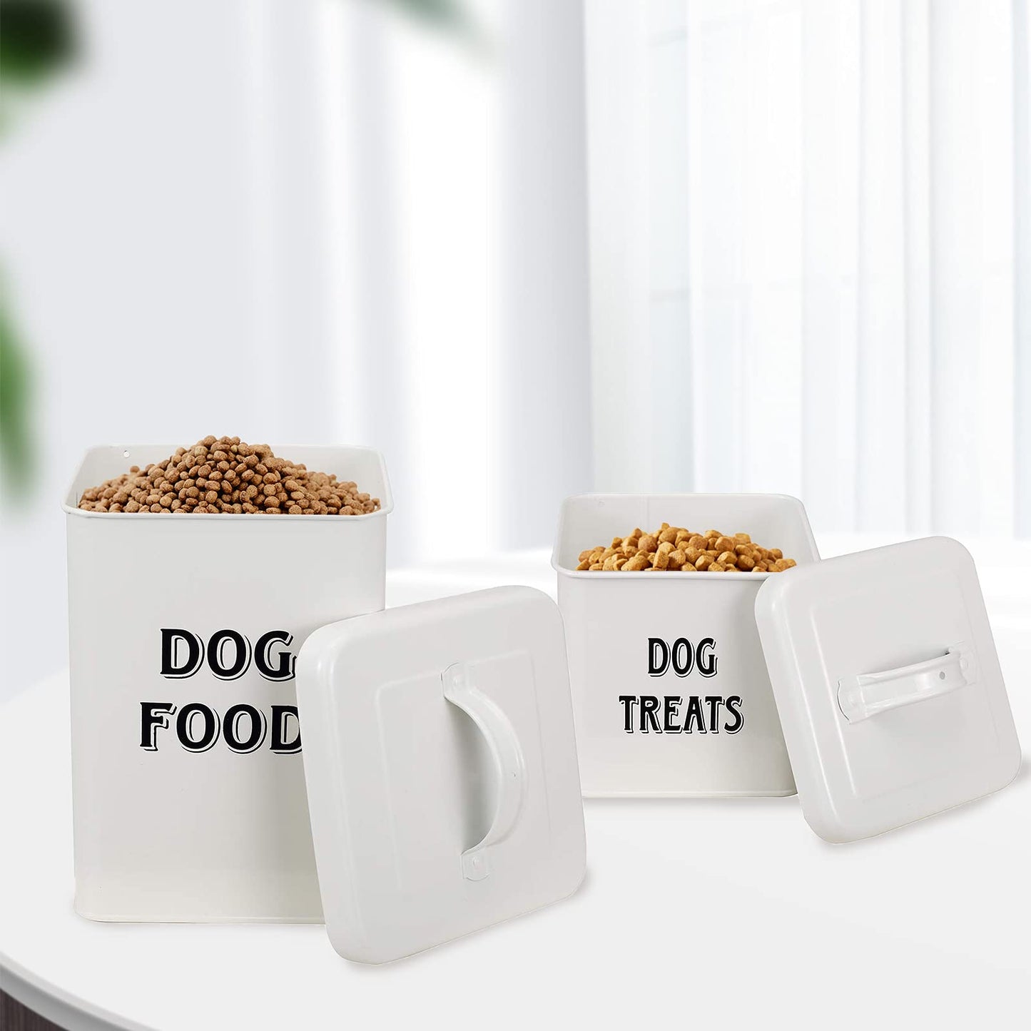 Dog Food and Treats Containers Set with Scoop for Dogs-Vintage White Powder-Coated Carbon Steel-Tight Fitting Lids-Storage Canister Tins-White