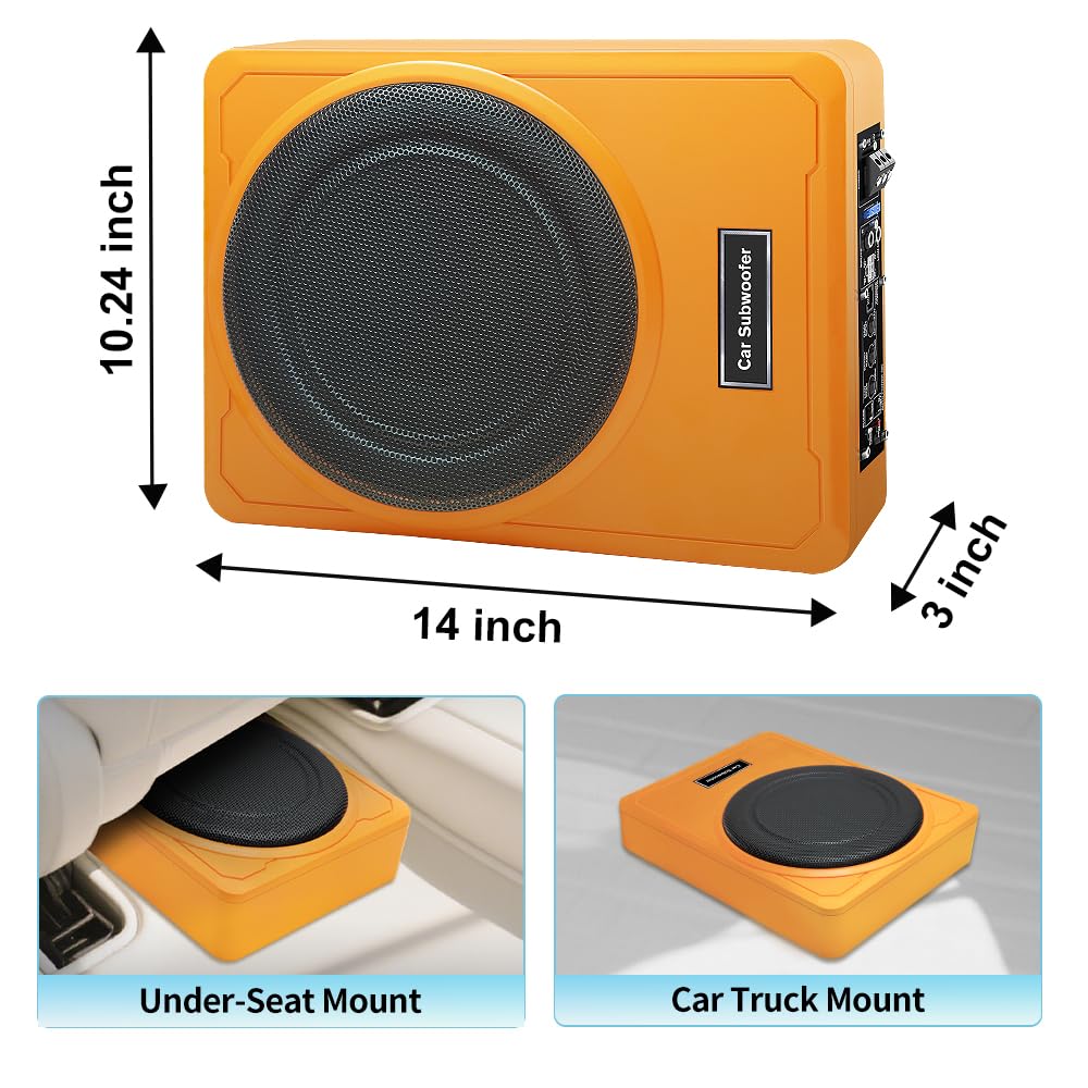 10" 800W Powered Car Subwoofer with Built-in Amplifier, 220W RMS, 20Hz-150Hz, Slim Under Seat Design, High/Low Level Input, Ideal for Cars and Trucks 2025 (Subwoofer + Mounting Wire Kit) Orange