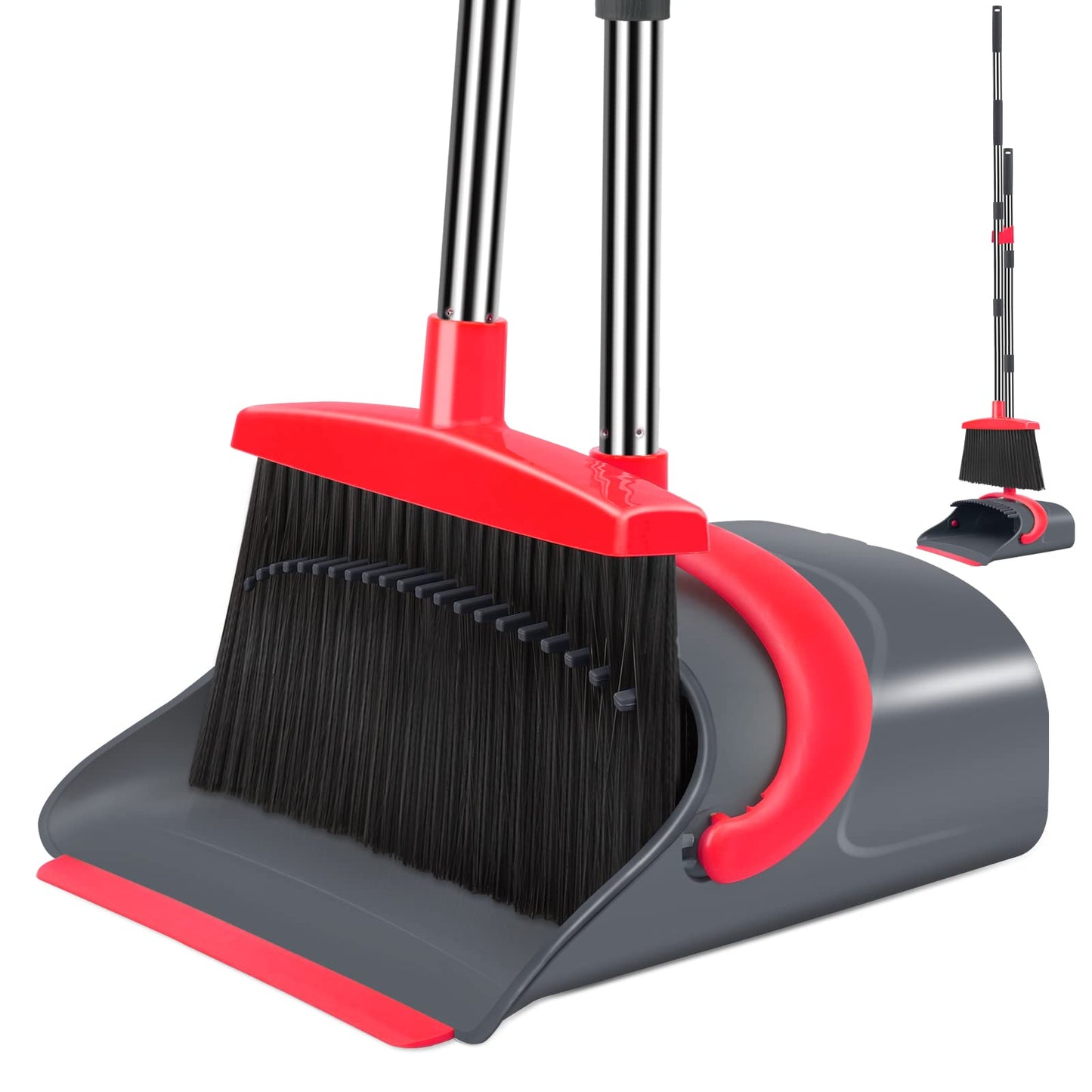 Ivandar Broom and Dustpan Set,Broom with Dustpan Combo Set Dust pan with Long Handle, for Home Kitchen Room Office Lobby Floor Use Upright Stand Up(Gray&Red)