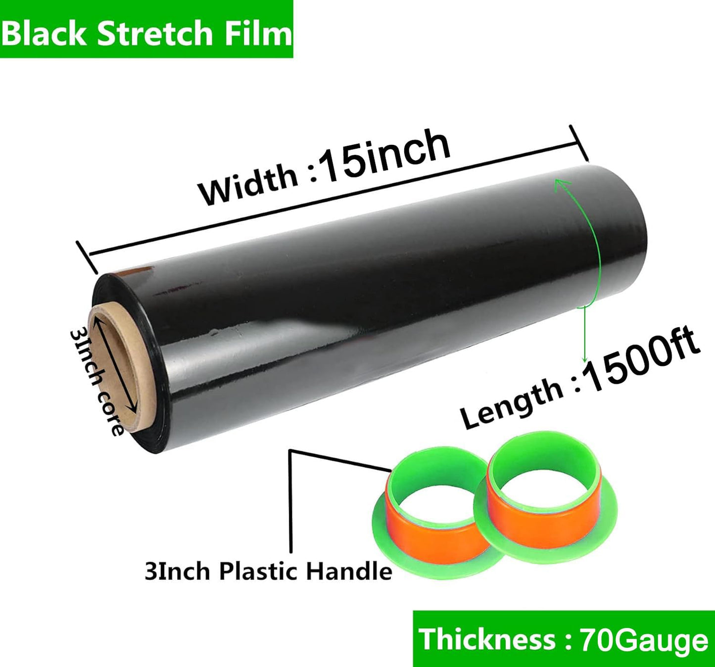 CHUANGSEED 2Pack Black Stretch Wrap 15" x 1500 Feet 70 Gauge Industrial Strength with Plastic Handle, Plastic Pallet Supplies Durable Self-Adhering for Packing, Moving, Heavy Duty Shrink Film Rolls