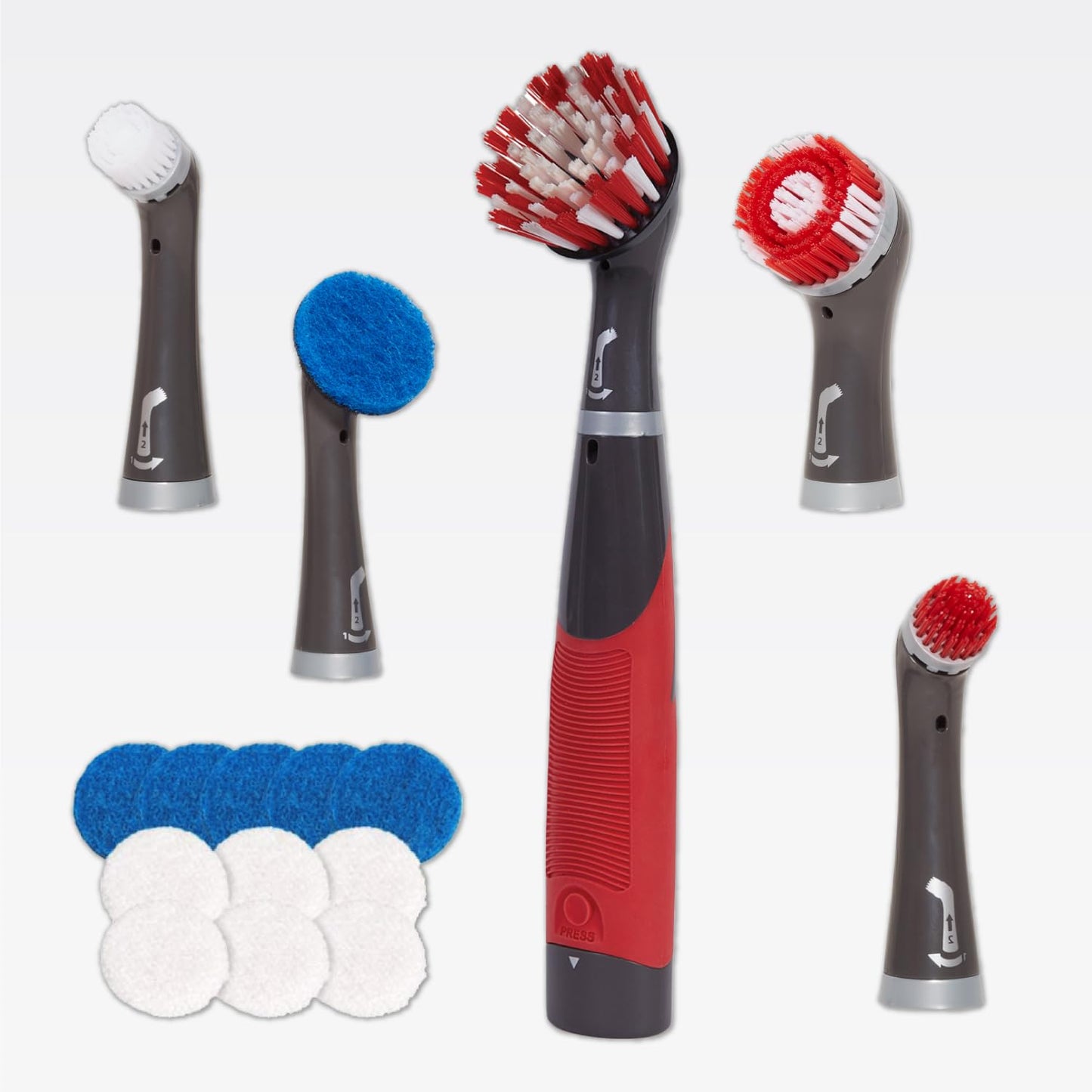 Rubbermaid Reveal Cordless Battery Power Scrubber Home Kit, 18 Pieces, Red, Multi-Purpose Scrub Brush Cleaner for Grout/Tile/Bathroom/Shower/Bathtub, Water Resistant, Lightweight, Ergonomic Grip