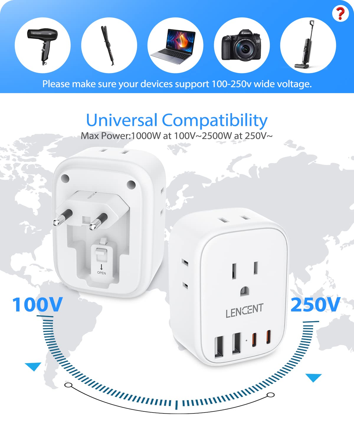 2 Pack European Travel Plug Adapter, LENCENT International Type-C Foldable Power Plug with 4 Outlets, USB C Charger Adaptor, Canada/US to Most of Europe EU Iceland Spain Italy France Germany Greece