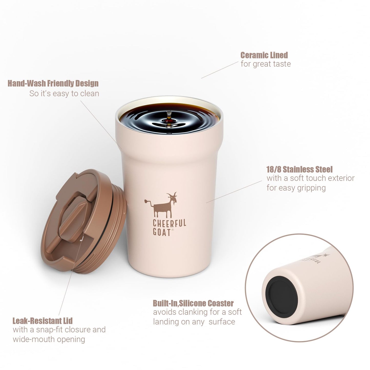 CHEERFUL GOAT Ceramic Lined Coffee Travel Mug – Stainless Steel Travel Coffee Tumbler with Ceramic Liner, with lid, 12oz Coffee Cup for Hot and Cold Water Coffee at Home, Office, or On the Go (Coffee)