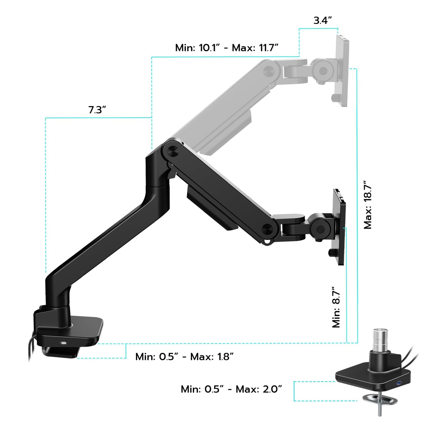 ARES WING Ultrawide Monitor Arm with USB A/C, for 17 to 49 inch Heavy Duty Screen, Holds 44 lbs, Adjustable Gas Spring Arm Desk Mount with Clamp and Grommet Base, Black