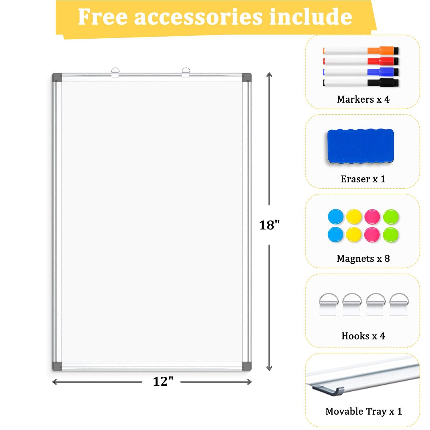 AMUSIGHT Double-Sided Magnetic Whiteboard, 18" x 12" Dry Erase Board Aluminum Frame for Wall, White Board Marker Board for Kitchen, Memo, School, Home, Office