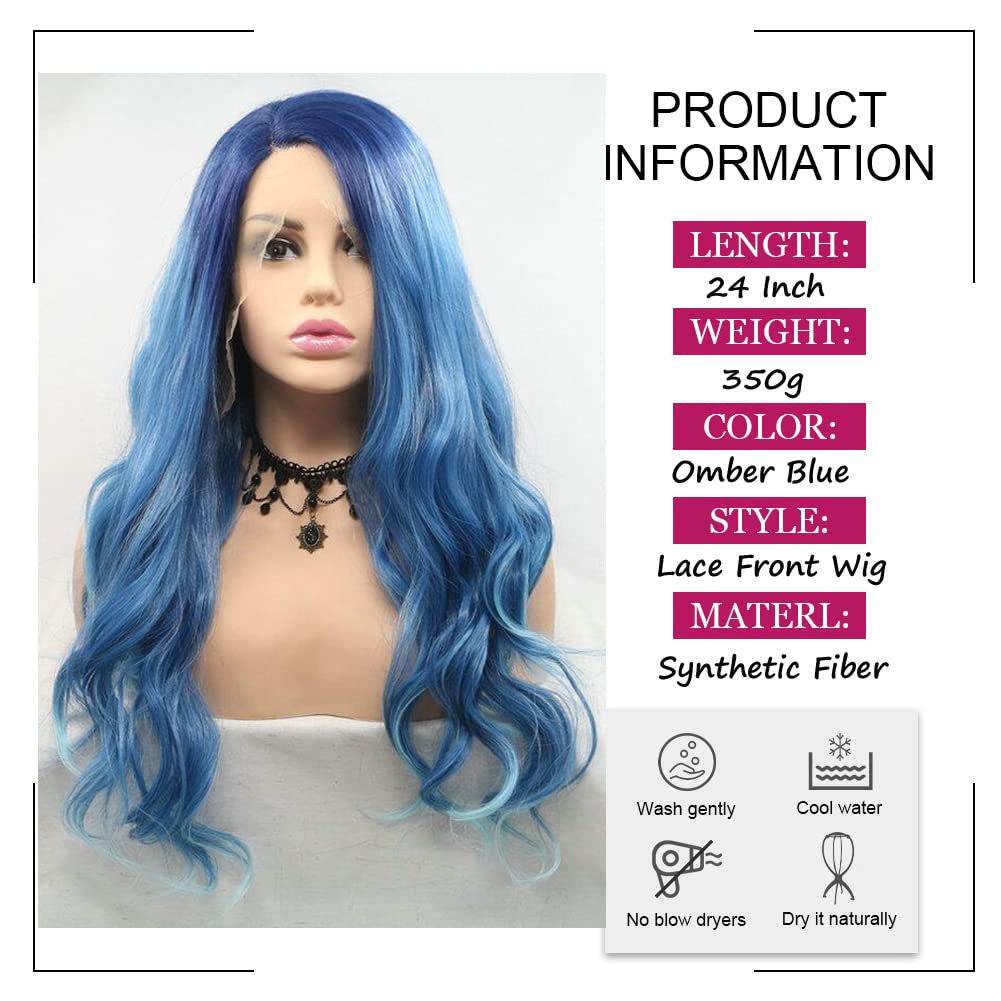 Angle Lucky Ombre Blue Wig for Women Long Curly Wavy Blue Omber Highlight White Free Part Wig Synthetic Pre plucked Lace Front Wig Heat Resistant Cosplay Halloween Mermaid Wigs 24 Inch