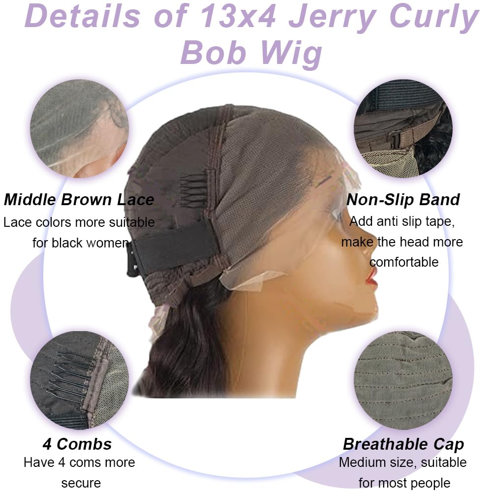 14 Inch Jerry Curly Bob Wig Human Hair 13x4 Middle Brown Lace Front Wig with Baby Hair 180% Density Small Curly Wigs for Black Women Natural Color