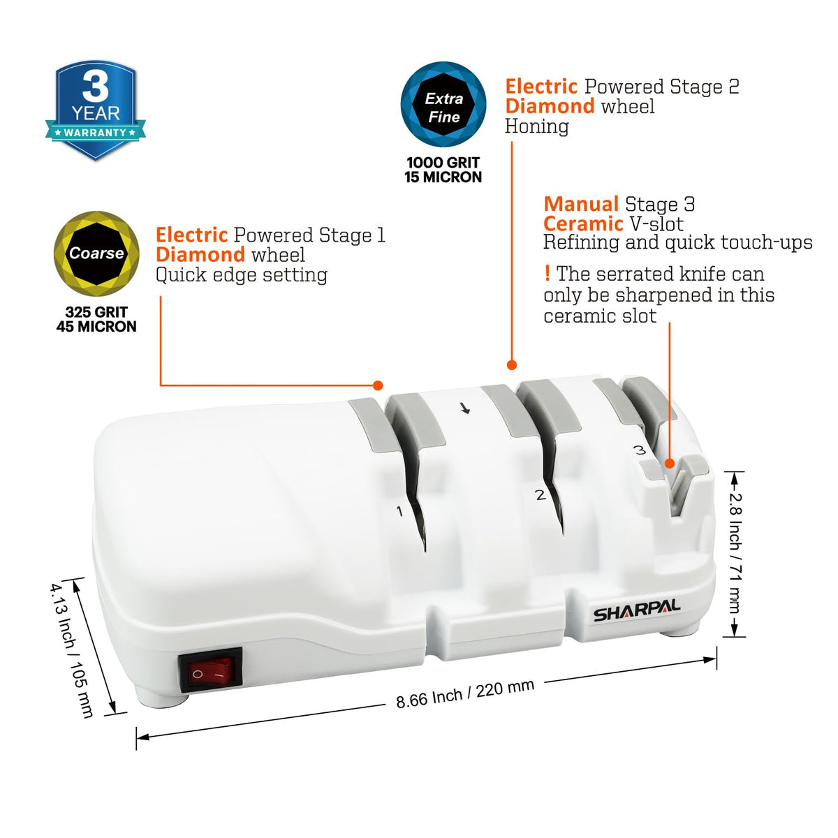 SHARPAL 198H Electric Knife Sharpener - 3 Stage Professional Knife Sharpening System with Diamond Wheels, Suit for Double-Beveled Straight Edge & Serrated Knives, Quick Razor-Sharp Results, Low Noise