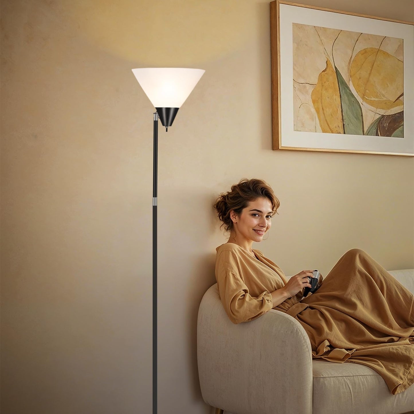HonoDing Modern Floor Lamp for Living Room, Adjustable Height Standing Lamps, 360° Adjustable Head Arcylic Shade Floor Lamps, Corner Lamps for Bedroom, Office, Reading (Black)