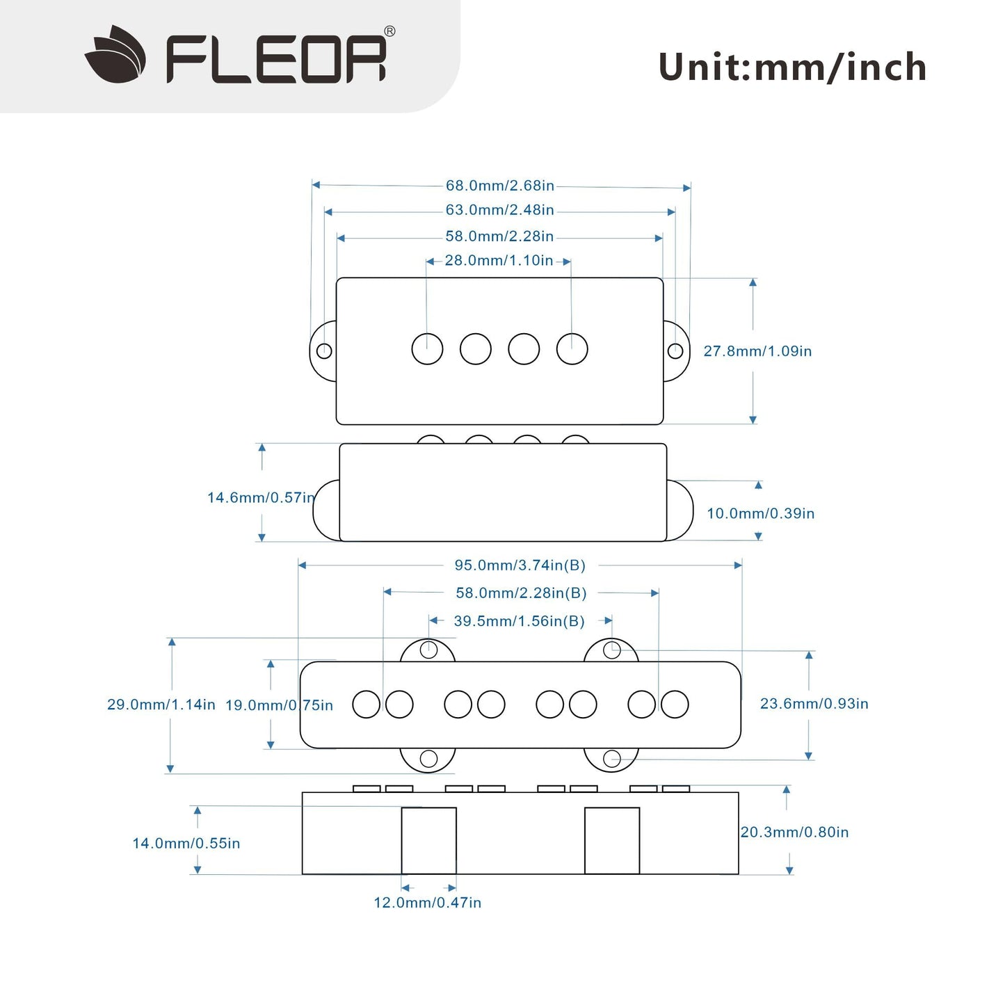 FLEOR Alnico 5 PJ Bass Pickups Neck Bridge Pickups Set for 4-String PB JB Bass Electric Bass