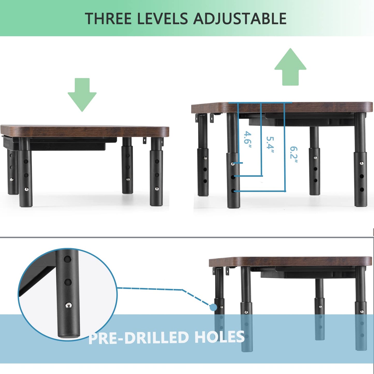 ETHU Dual Monitor Stand Riser for Desk, Computer Desk Monitor Stands for 2 PC monitors, Computer, Laptop and Printer, 3 Adjustable Shelf Length and Angle Desktop Stand with Phone Holder and Drawer, Office Supplies, Computer Accessories(Walnut)