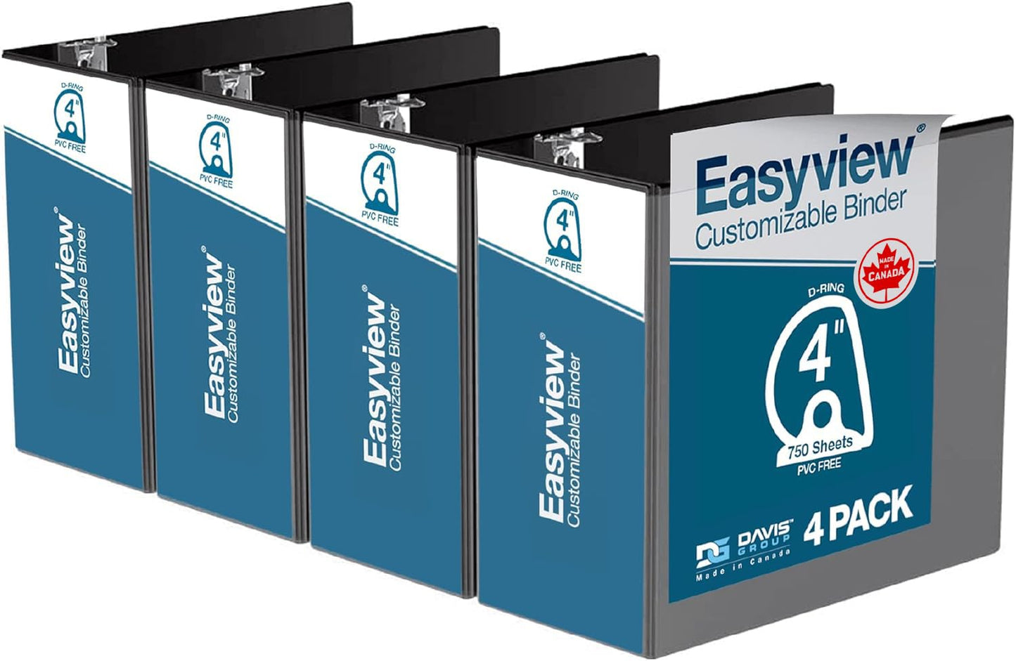 EasyView Premium Angled D-Ring 4-Inch Binders with Clear-View Covers, Customizable 3-Ring Binders for School, Office, or Home, Pack of 4, Black