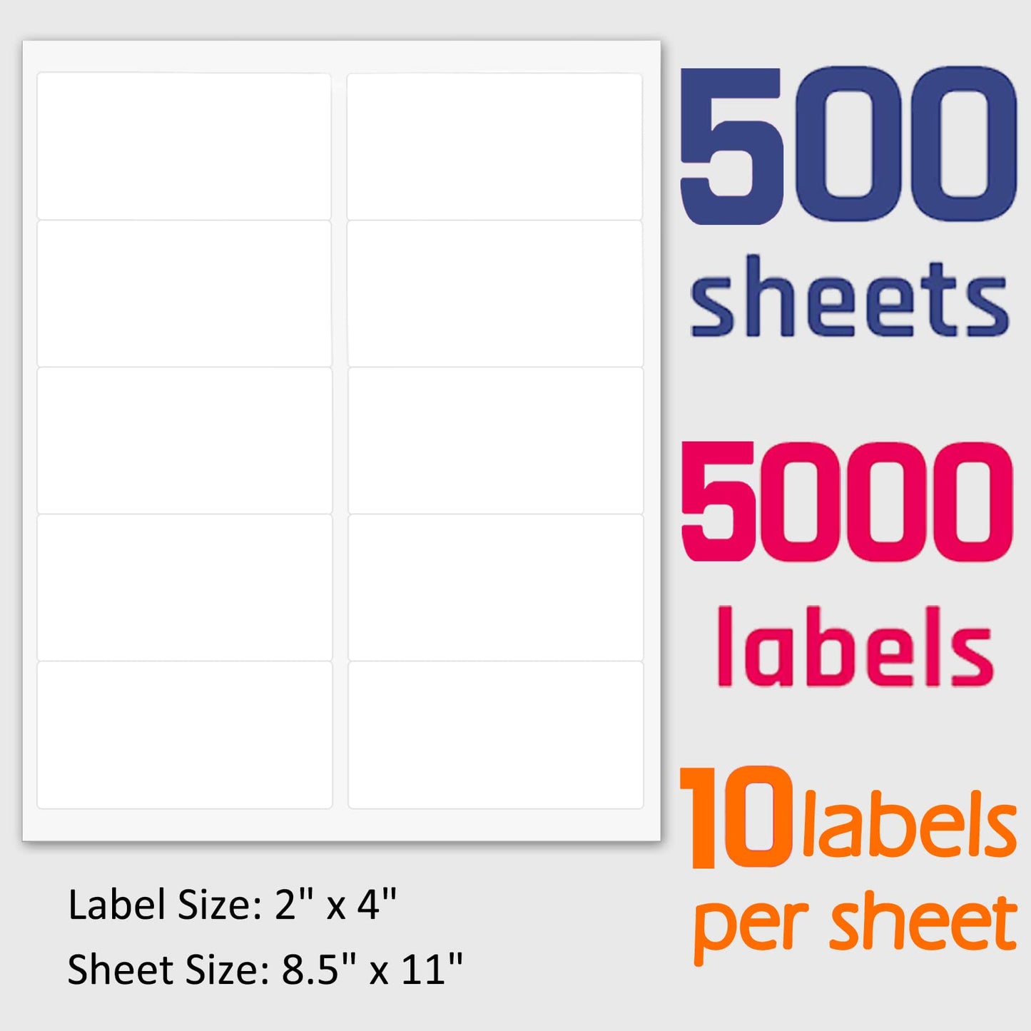 MPRT 2" x 4" Shipping Address Labels 5000 Label Stickers Paper for Laser & Inkjet Printer 10 per Page Printable Mailing Labels - Matte, 500 Sheets