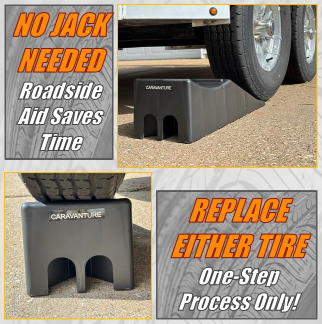 CARAVANTURE Wheel Ramp - Heavy Duty Tire Changing aid on Tandem Dual Axle Trailer - Concave RV Chock Riser with 5.5 Inch Lift, 10 Ton Lifting Capacity, Non-Slip, Change Flat with Ease - 1 Piece